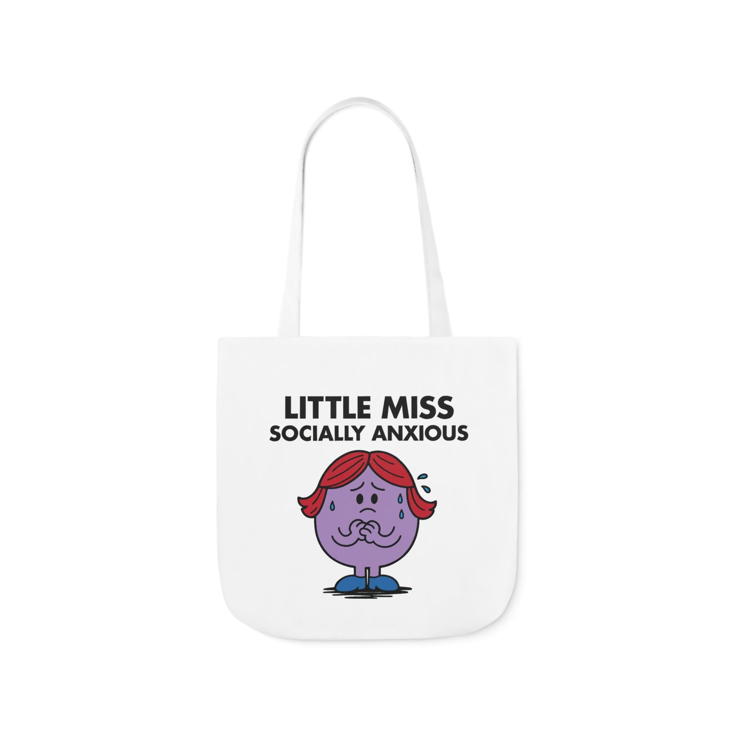 Straight-on view of tote bag showing Little Miss Socially Anxious quietly bracing herself for small talk. Please don’t make her call anyone. Part of the Vivid Divergence Little Miss Meme Collection!