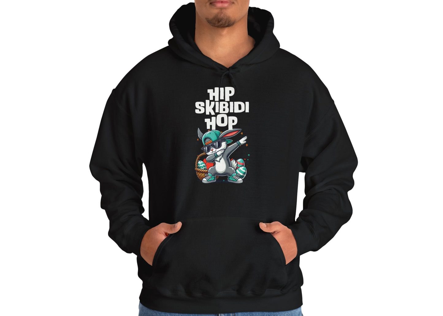 Man in black hoodie featuring Skibidi dab bunny in Easter hip hop style. Part of the Vivid Divergence Sensory Friendly Unisex Hoodies Range.