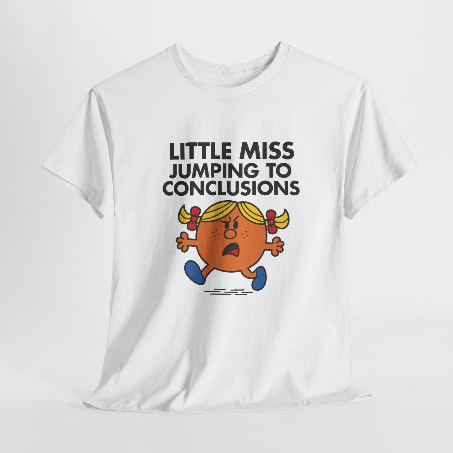 White Little Miss Jumping To Conclusions T-shirt laid flat to showcase the full design. Part of the Little Miss Meme Character Collection. A Vivid Divergence Sensory Friendly Unisex Tee.