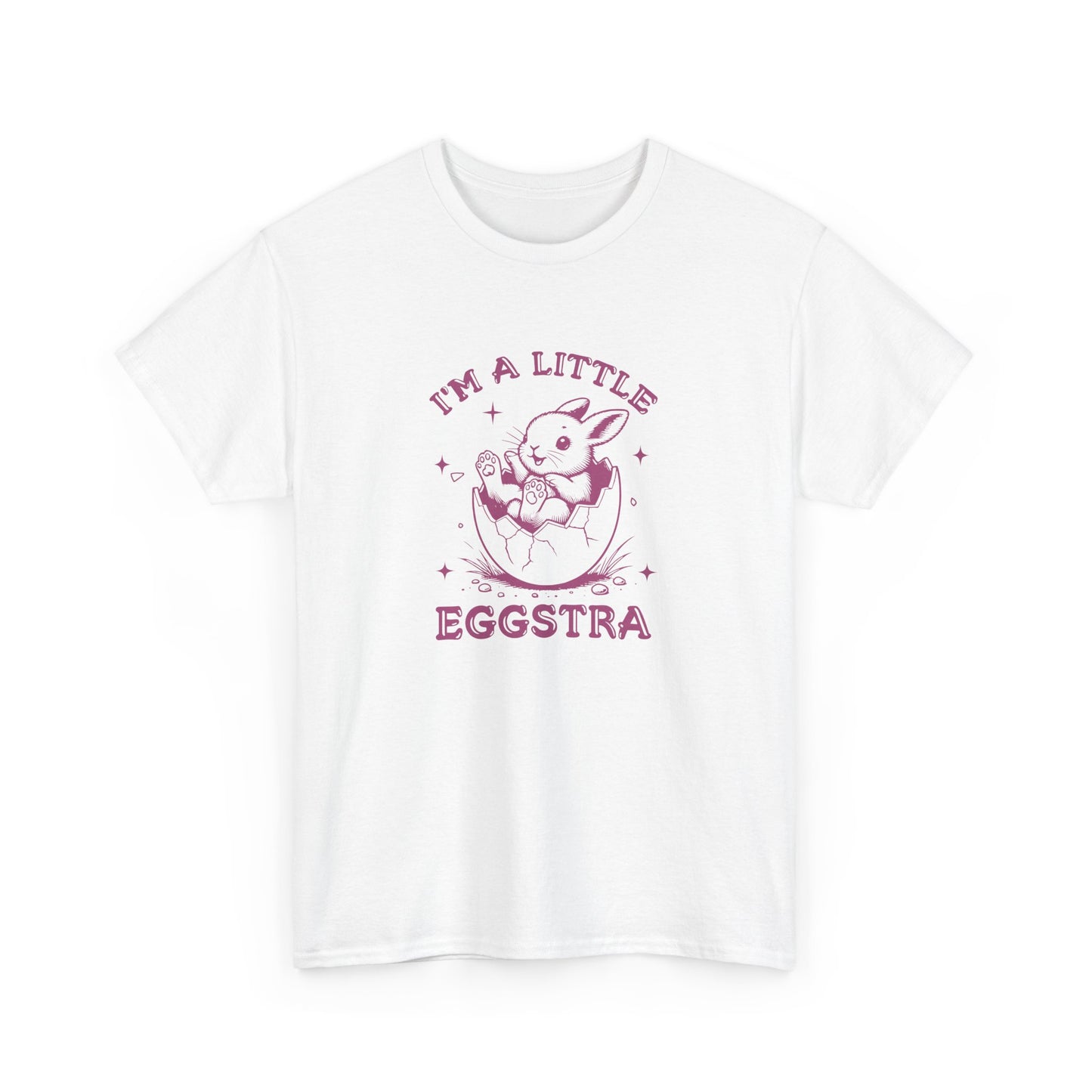 White Easter T-shirt with a playful bunny and "I'm A Little Eggstra" text in a pink design, a stylish and fun choice. Hop into the season in style and shop Easter shirts online today!