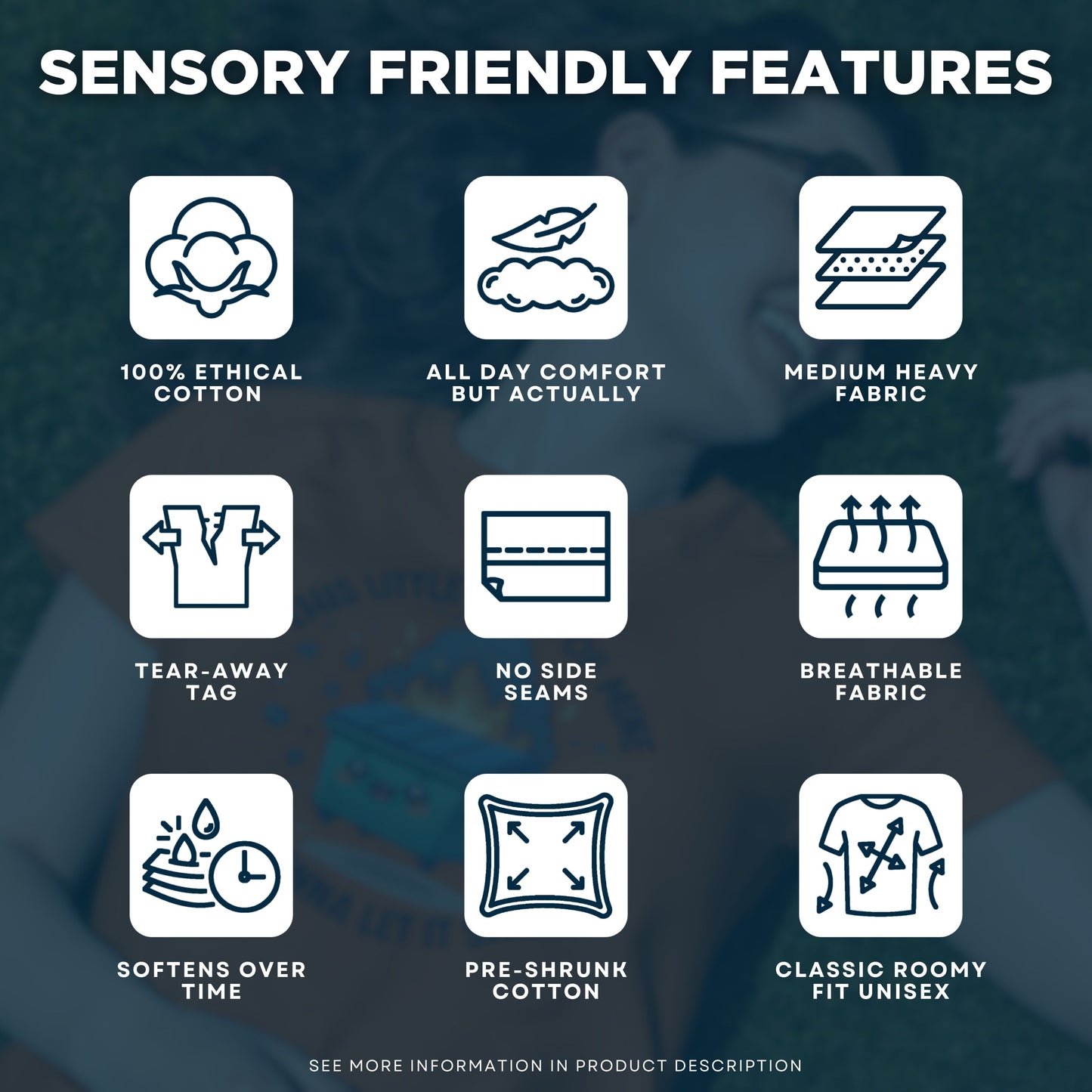 Display of sensory-friendly features offered in the Vivid Divergence Unisex Tees Range, including flat seams, tagless design, and breathable fabric.