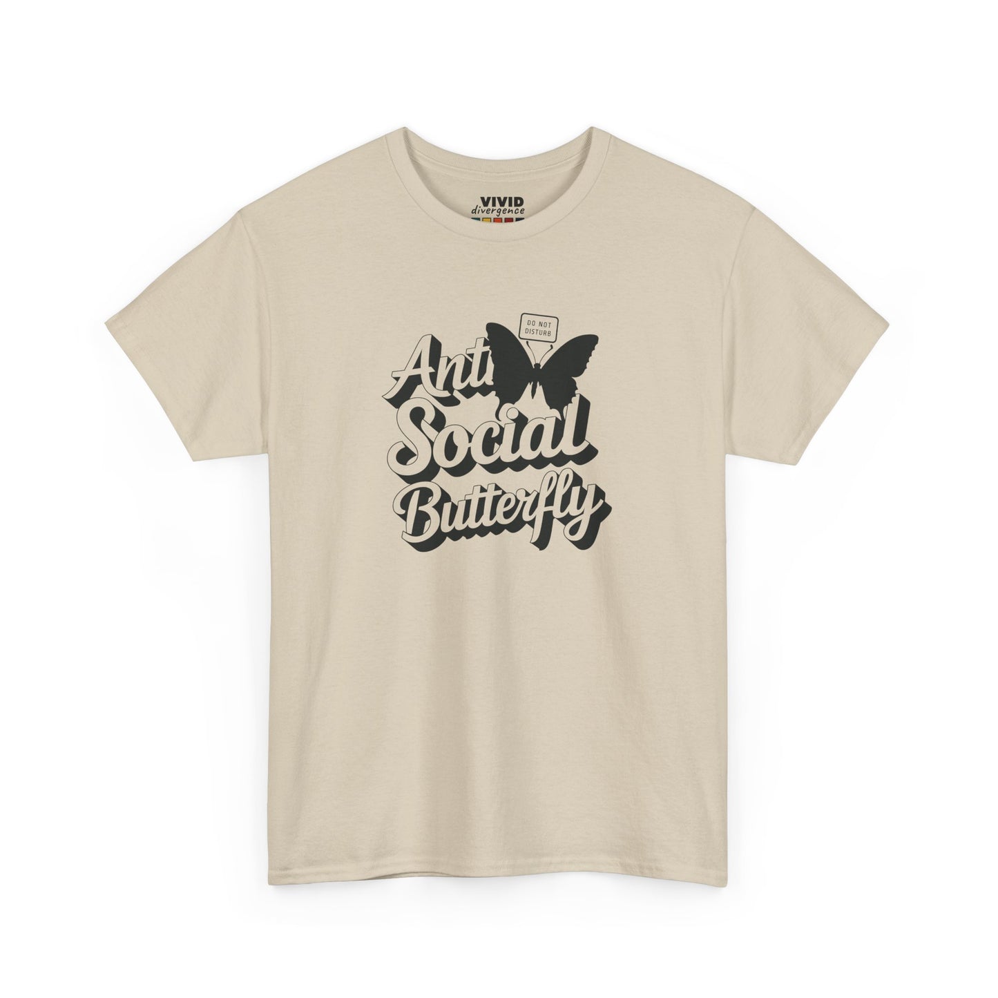 Beige T-shirt with bold black butterfly and hand-lettered text “Anti-Social Butterfly.” The introvert’s uniform. Part of the Vivid Divergence Memewear Collection!