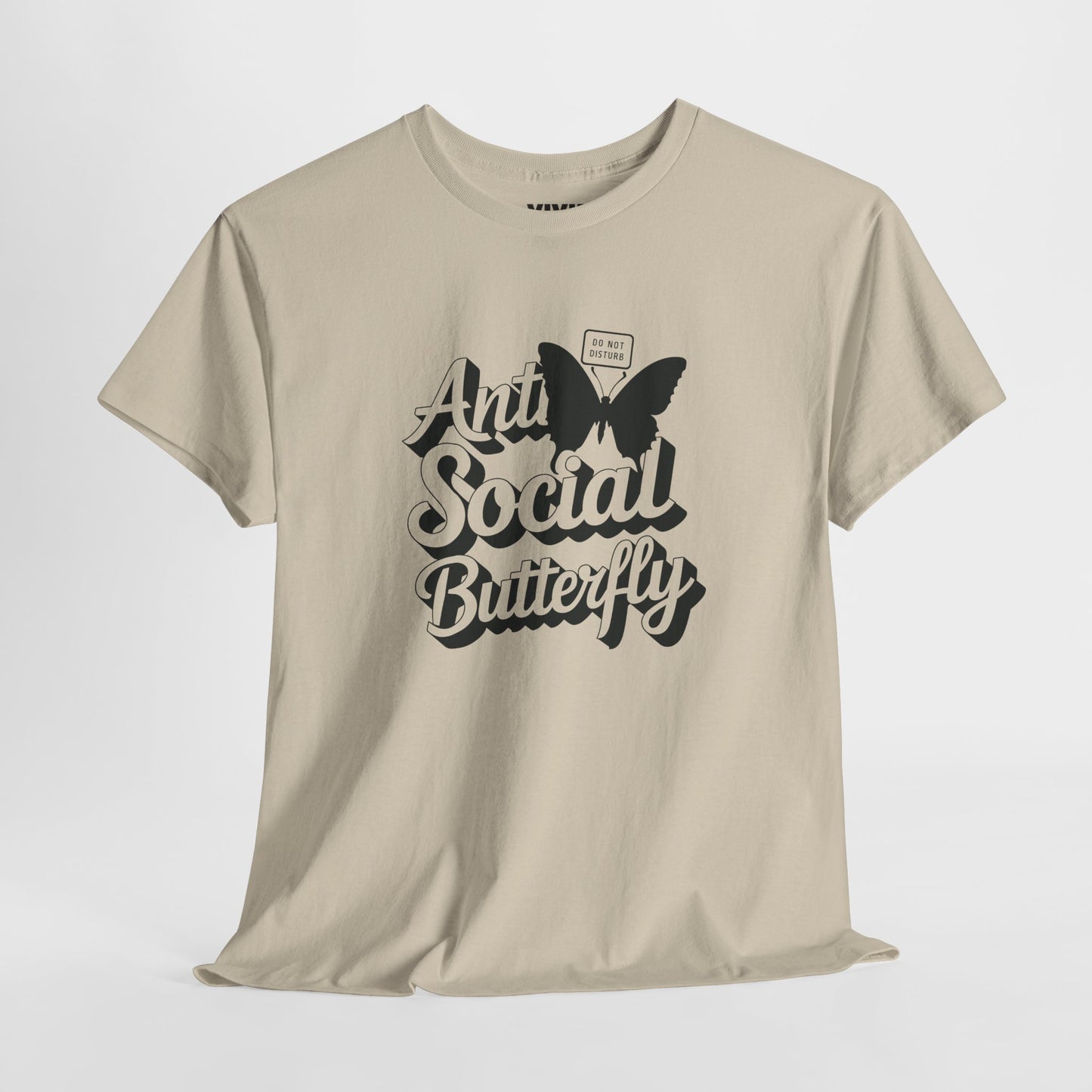 Beige T-shirt with bold black butterfly and hand-lettered text “Anti-Social Butterfly.” The introvert’s uniform. Part of the Vivid Divergence Memewear Collection!