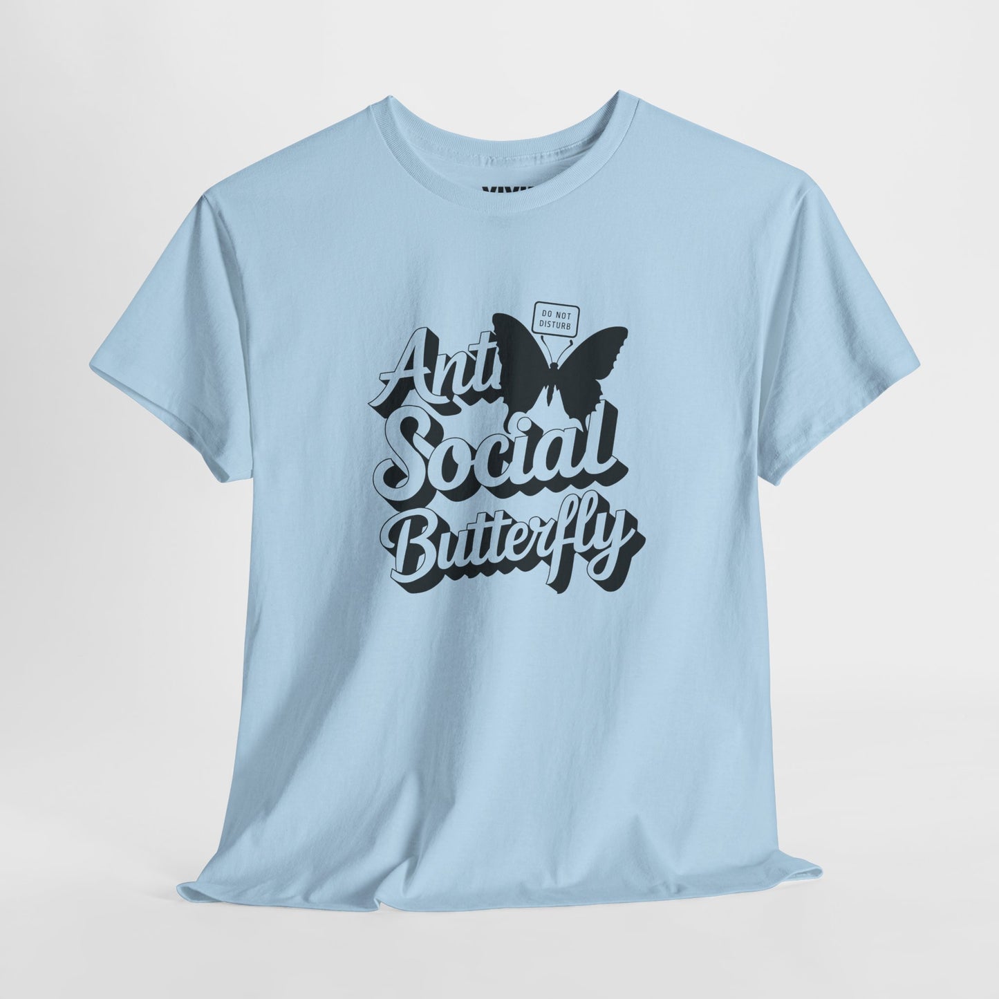 Light blue T-shirt with bold black butterfly and hand-lettered text “Anti-Social Butterfly.” The introvert’s uniform. Part of the Vivid Divergence Memewear Collection!