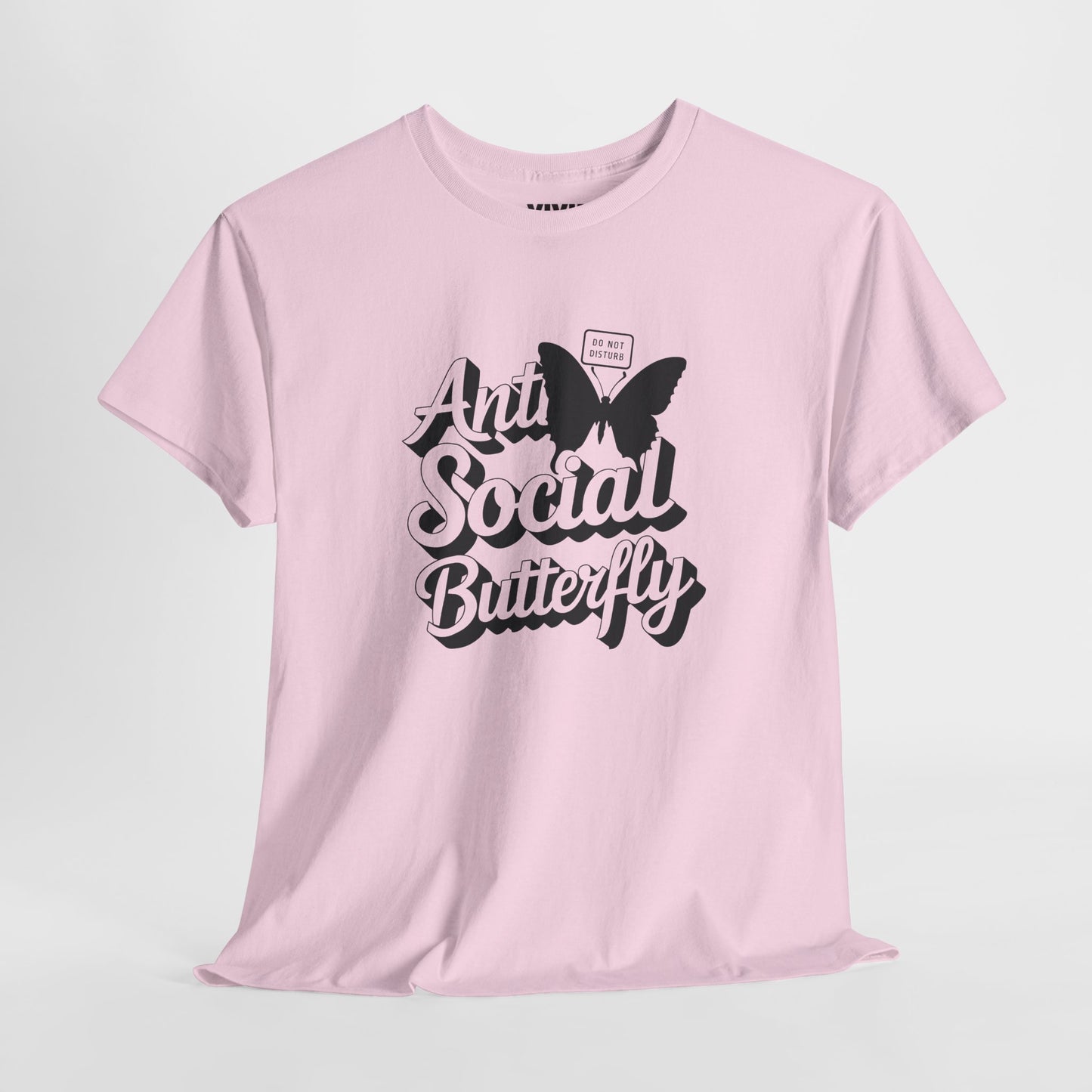 Light pink T-shirt with bold black butterfly and hand-lettered text “Anti-Social Butterfly.” The introvert’s uniform. Part of the Vivid Divergence Memewear Collection!
