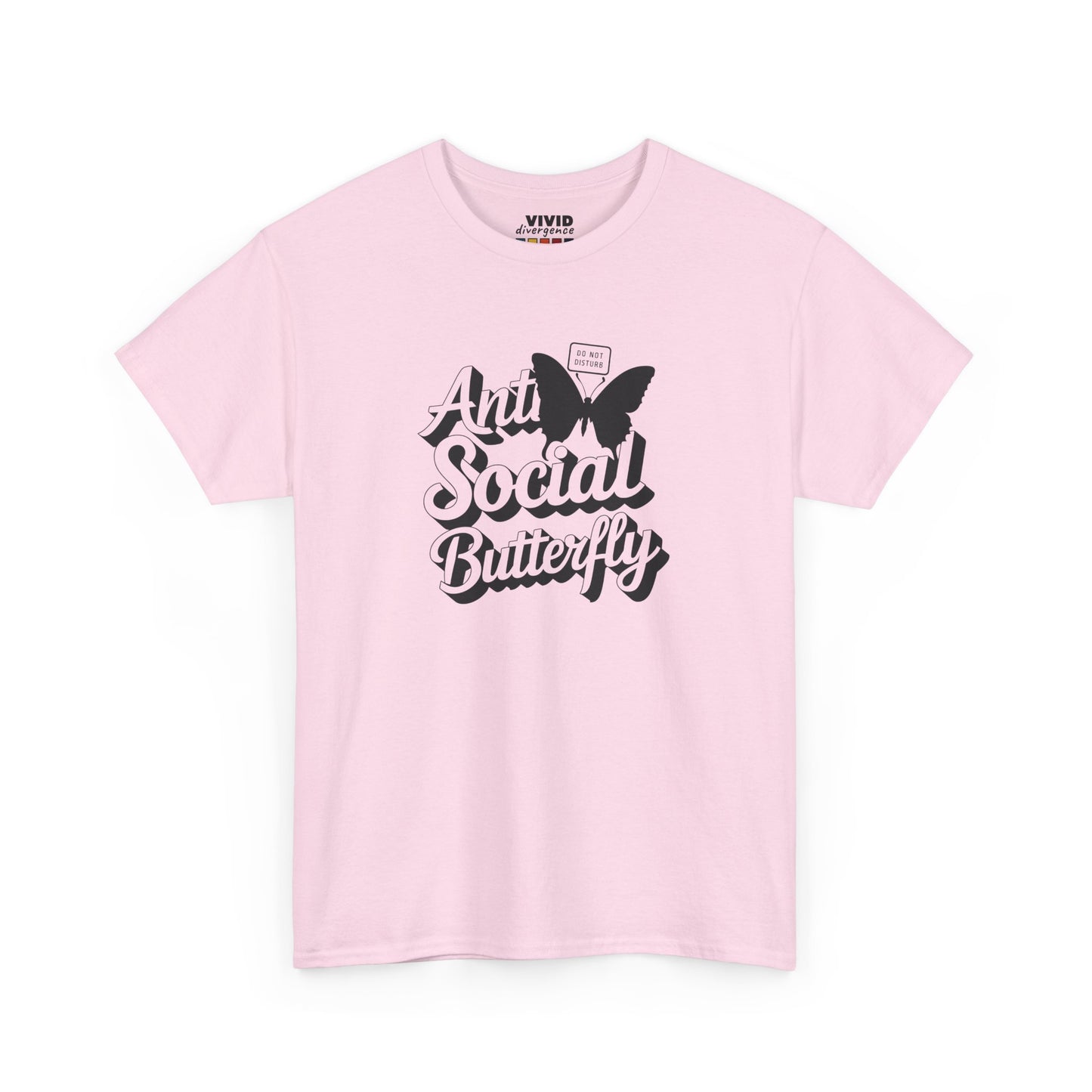 Front view of light pink T-shirt featuring black butterfly graphic and curly text that reads "Anti-Social Butterfly." Cute, quiet, and not coming to your party. Part of the Vivid Divergence Memewear Collection!