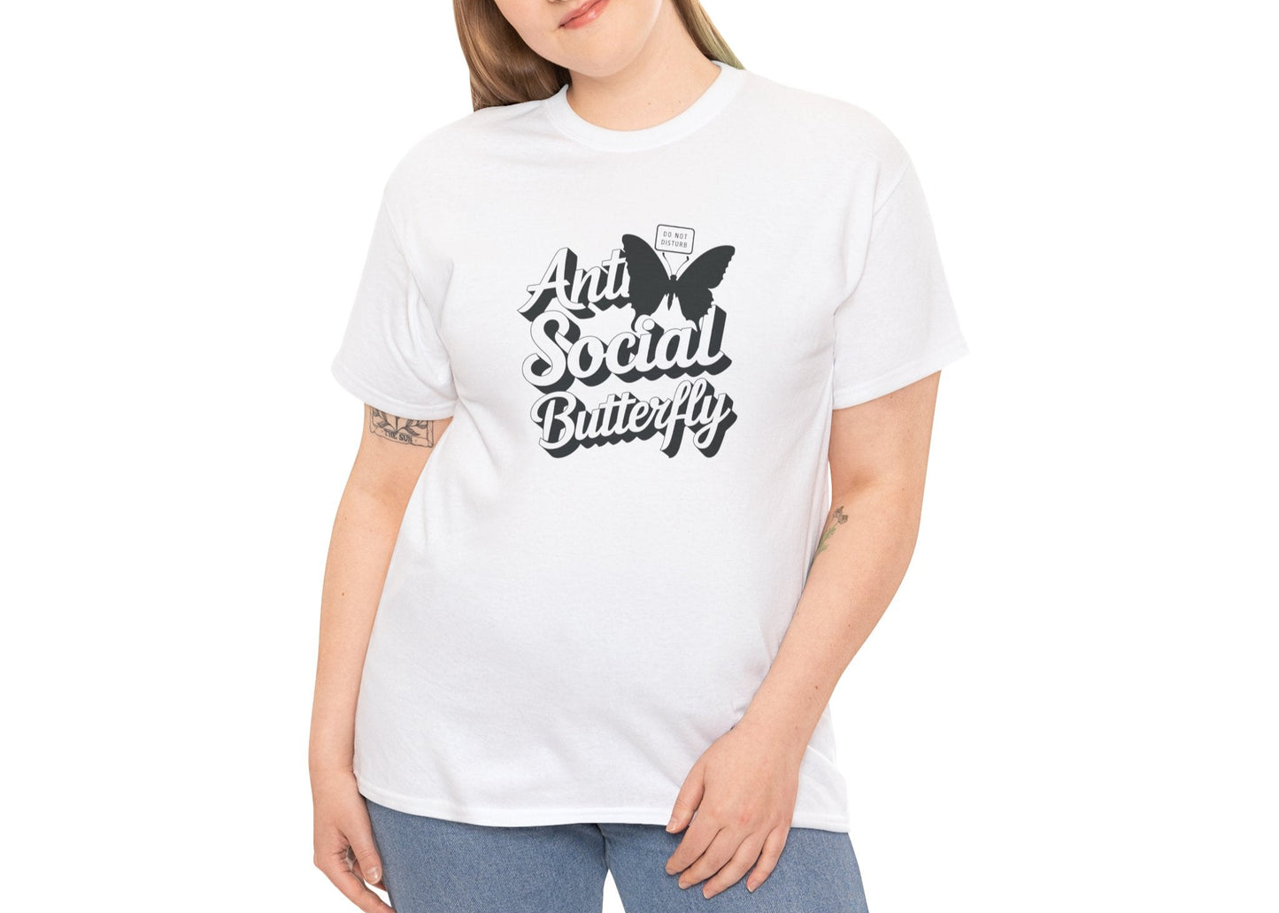Woman modeling white Anti-Social Butterfly T-shirt with casual smile. Outgoing energy? Not today. Part of the Vivid Divergence Memewear Collection!