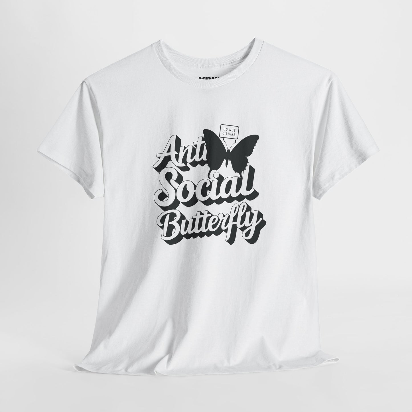 White T-shirt with bold black butterfly and hand-lettered text “Anti-Social Butterfly.” The introvert’s uniform. Part of the Vivid Divergence Memewear Collection!