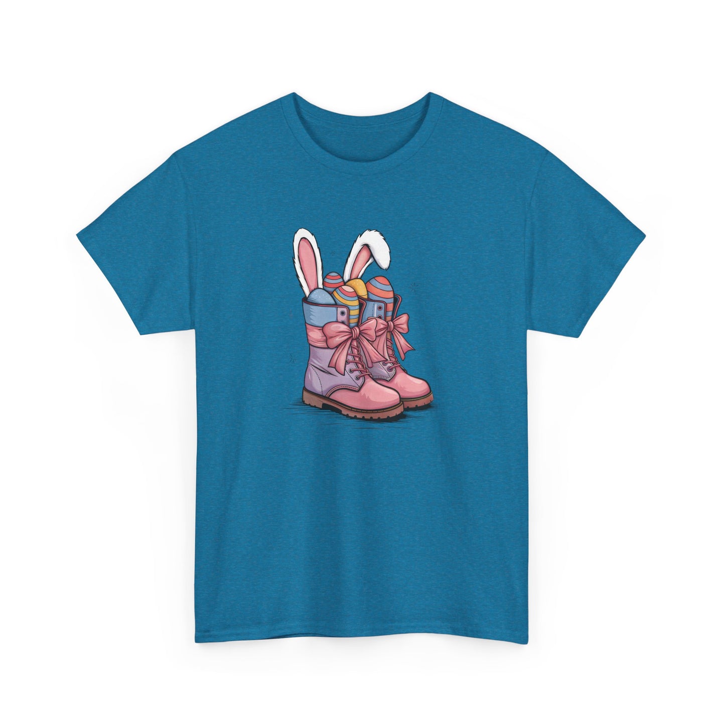 Antique Sapphire Easter T-shirt featuring cowgirl boots with bunny ears and colorful eggs, a fun and festive holiday design. Hop into the season in style and shop Easter shirts online today!