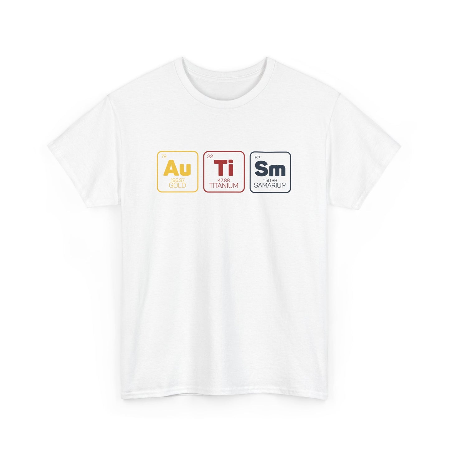 Flat-lay of a white "Au Ti Sm" periodic table Autism T-shirt on a plain background. Part of the Vivid Divergence Sensory Friendly Unisex Tees Range.