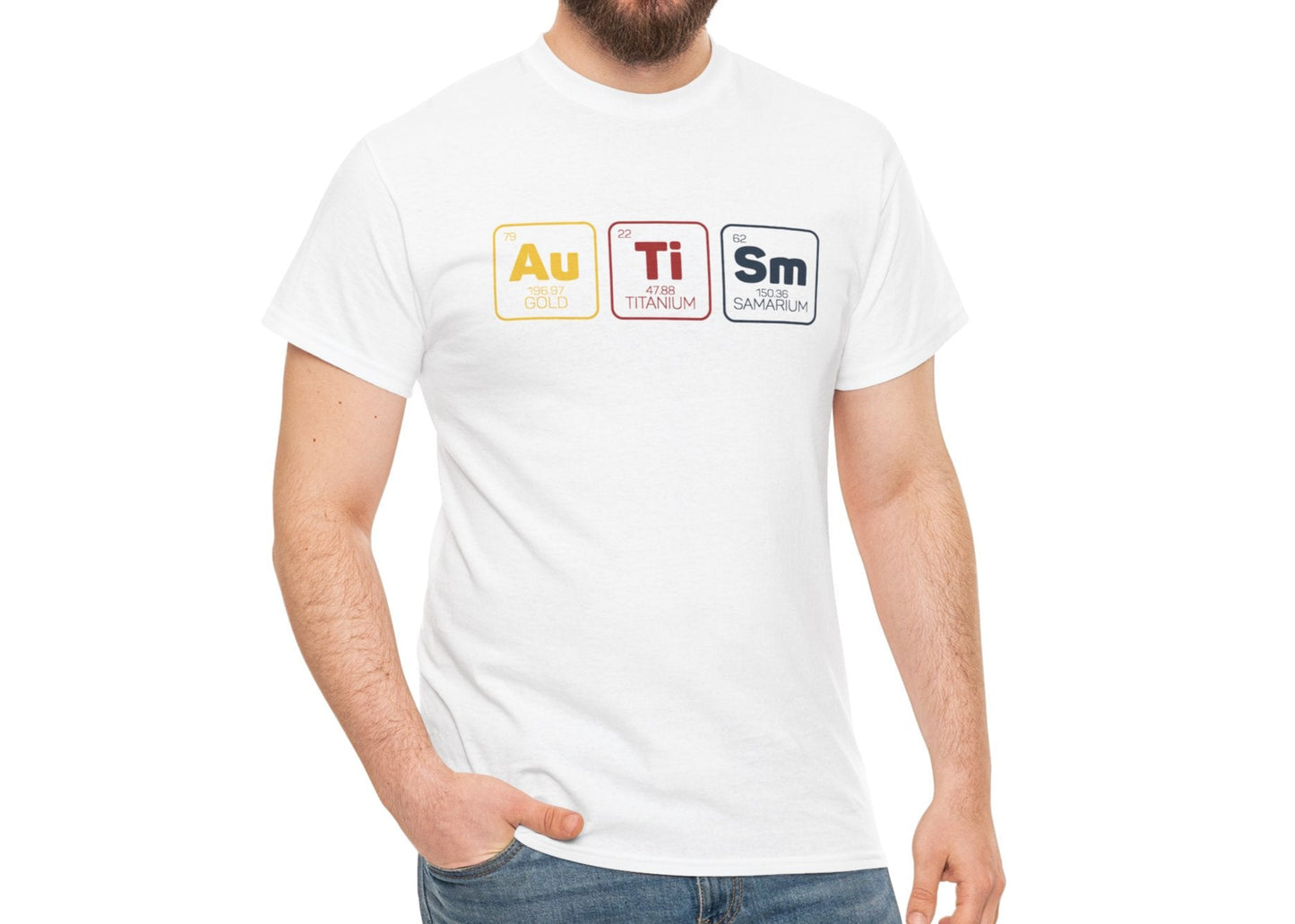Man wearing a white "Au Ti Sm" periodic table Autism T-shirt, smiling with a relaxed pose. Part of the Vivid Divergence Sensory Friendly Unisex Tees Range.