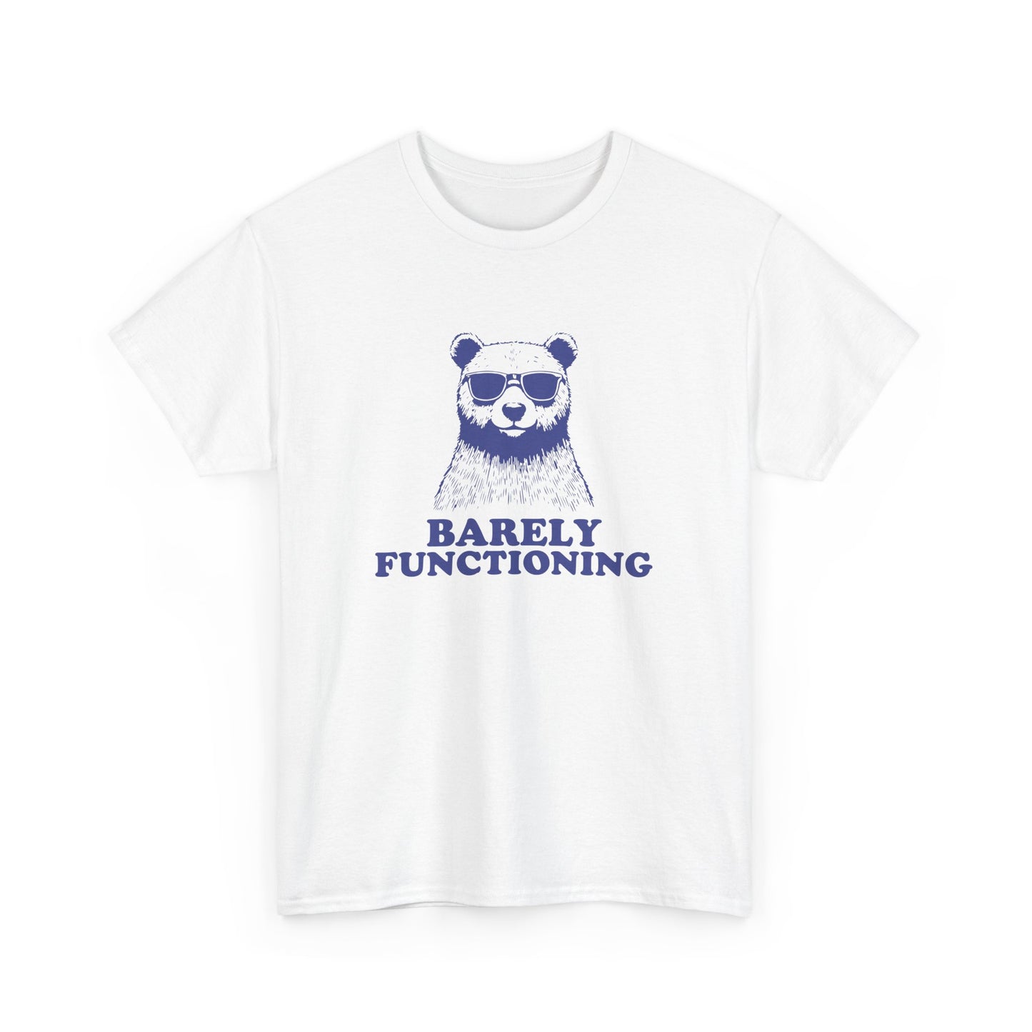 Front view of a white T-shirt with a blue bear graphic and "Barely Functioning" text. Part of the Vivid Divergence Sensory Friendly Unisex Tees Range.