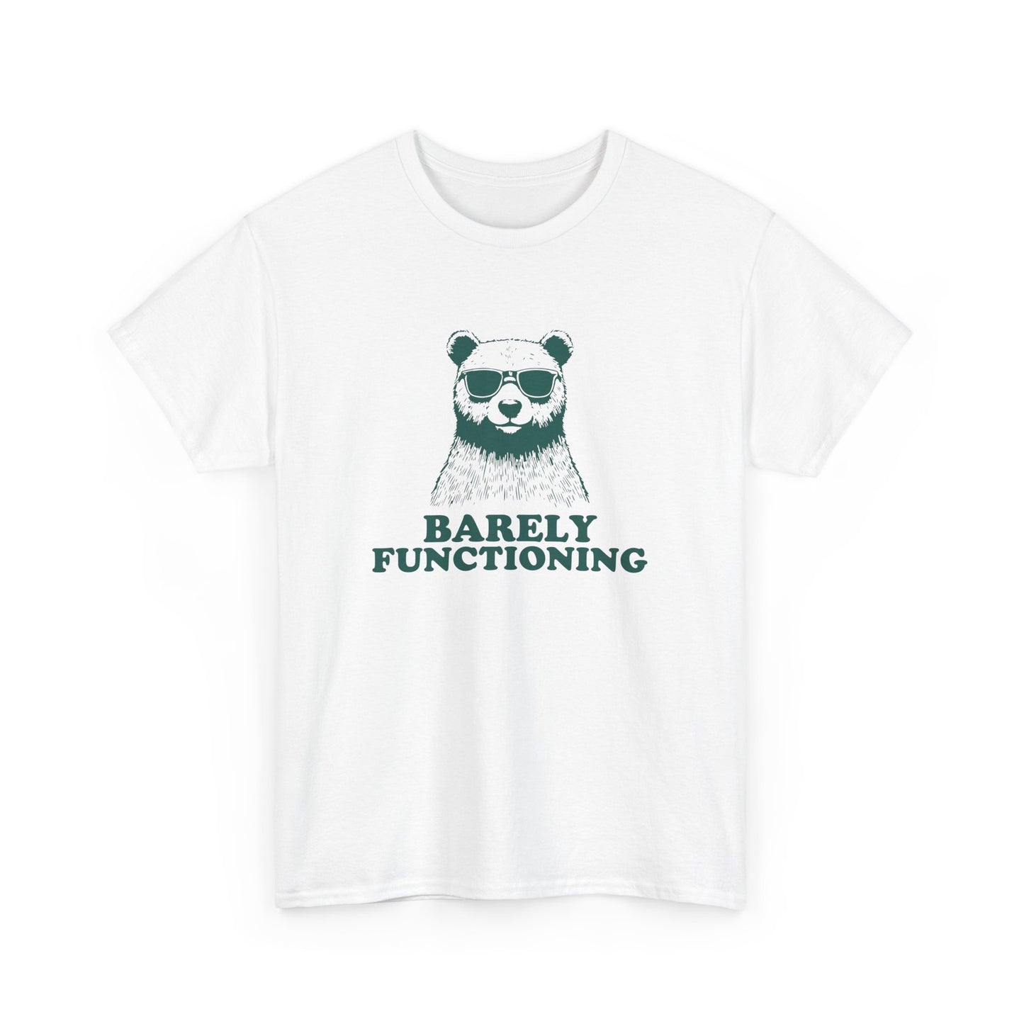 Front view of a white T-shirt with a green bear graphic and "Barely Functioning" text. Part of the Vivid Divergence Sensory Friendly Unisex Tees Range.
