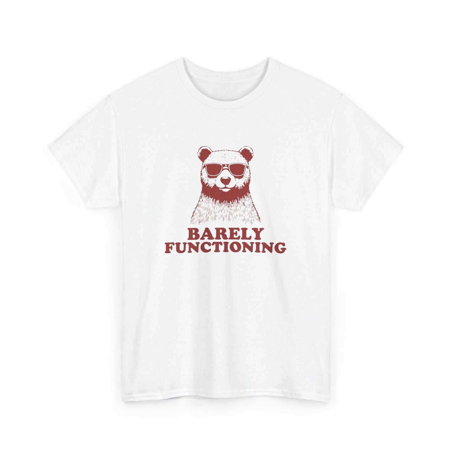Front view of a white T-shirt with a red bear graphic and "Barely Functioning" text. Part of the Vivid Divergence Sensory Friendly Unisex Tees Range.