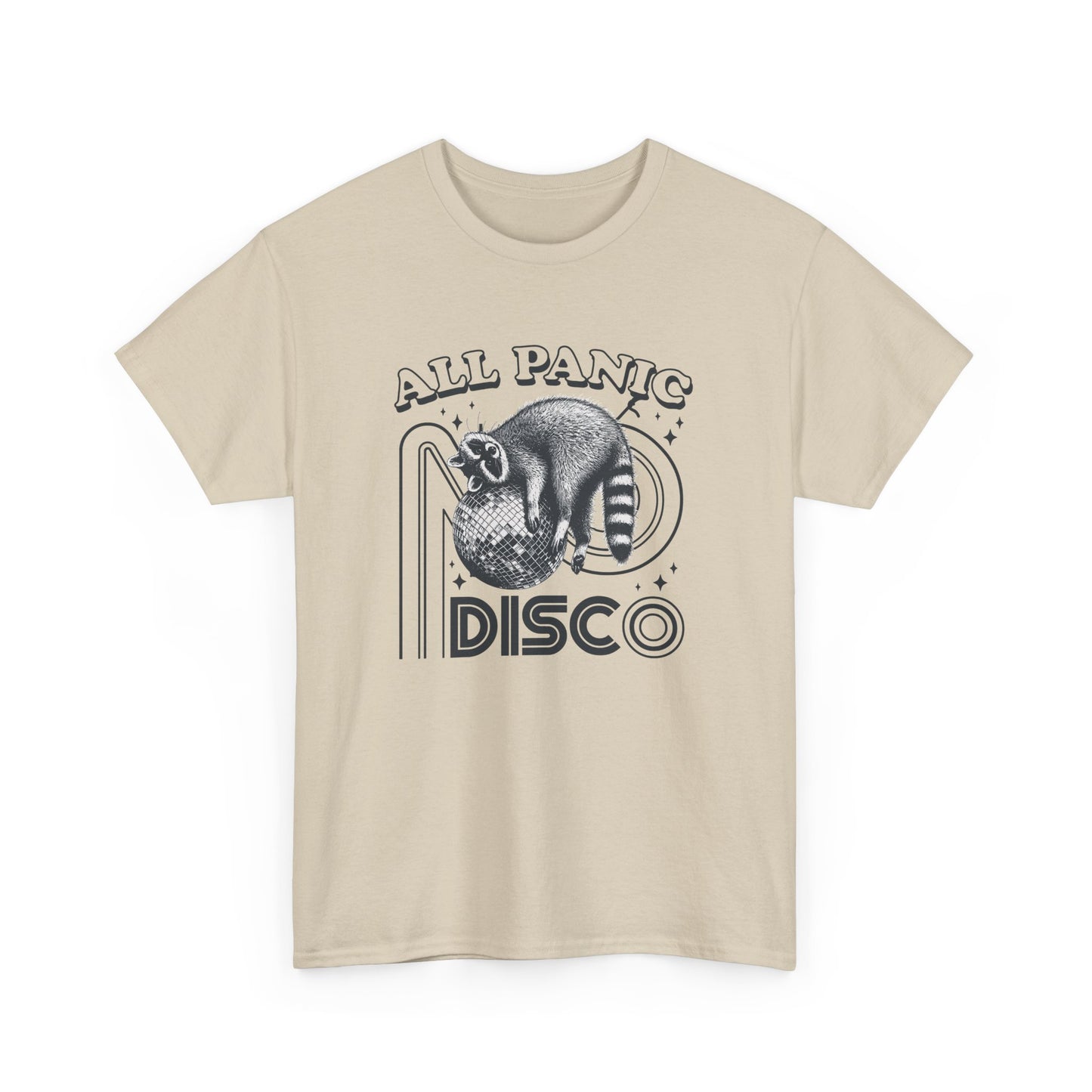 Front view of a beige T-shirt featuring "All Panic No Disco" text with a raccoon illustration inside a disco ball. Part of the Vivid Divergence Sensory Friendly Unisex Tees Range.
