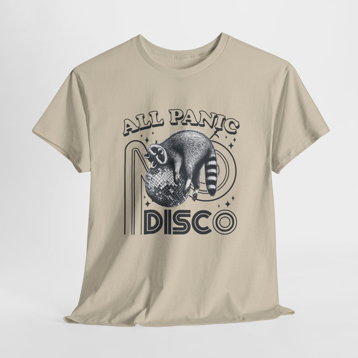 Hanging beige T-shirt featuring "All Panic No Disco" text with a raccoon illustration inside a disco ball. Part of the Vivid Divergence Sensory Friendly Unisex Tees Range.