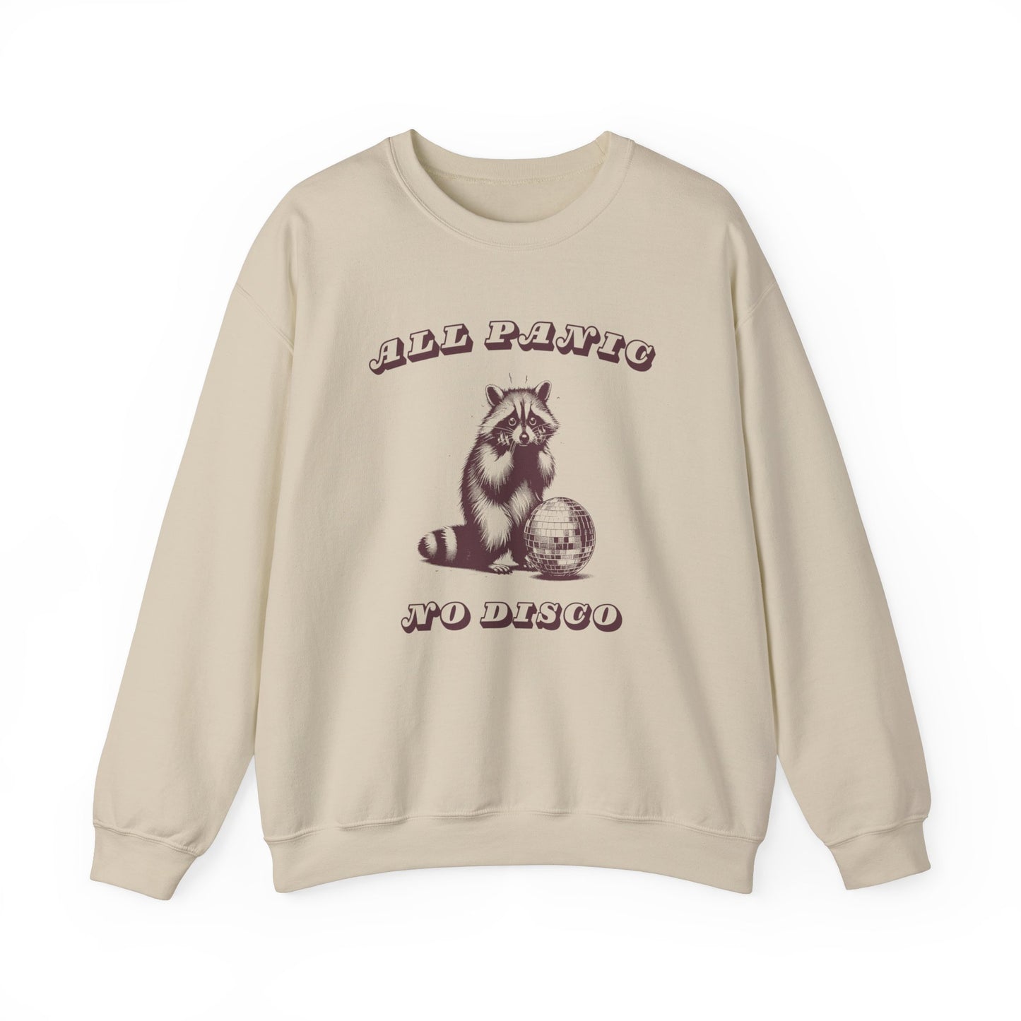 Front view of a beige sweater jumper with a "All Panic No Disco" design featuring a raccoon illustration. Part of the Vivid Divergence Sensory Friendly Unisex Sweater Jumper Range.