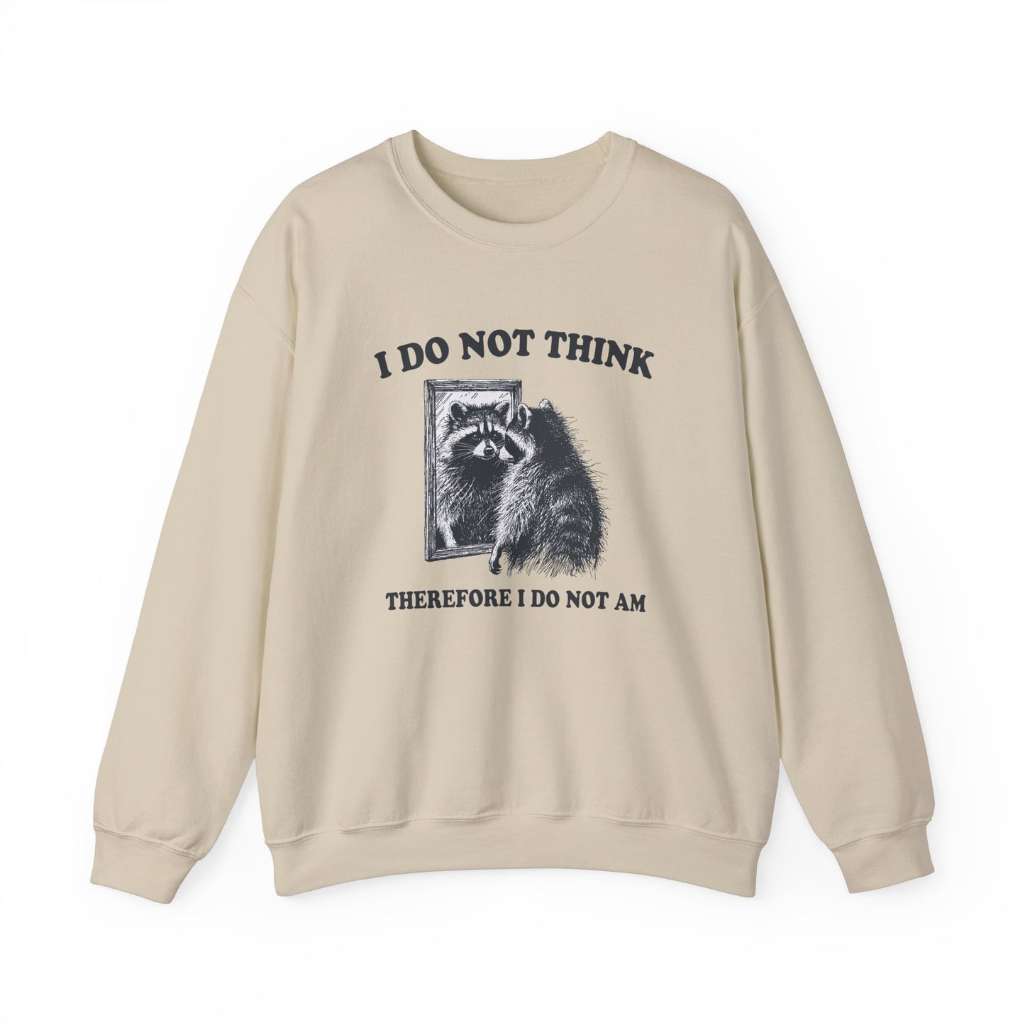 Front view of a beige sweater jumper with the text "I Do Not Think, Therefore I Do Not Am" and a cartoon raccoon illustration. Part of the Vivid Divergence Sensory Friendly Unisex Sweater Jumper Range.