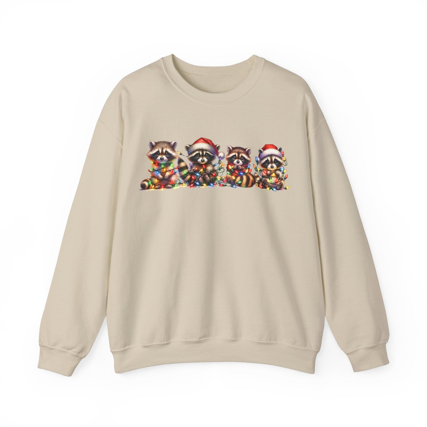 Front view of a beige sweatshirt featuring a festive illustration of raccoons in Christmas attire causing holiday chaos. Part of the Vivid Divergence Sensory Friendly Unisex Sweater Jumper Range.