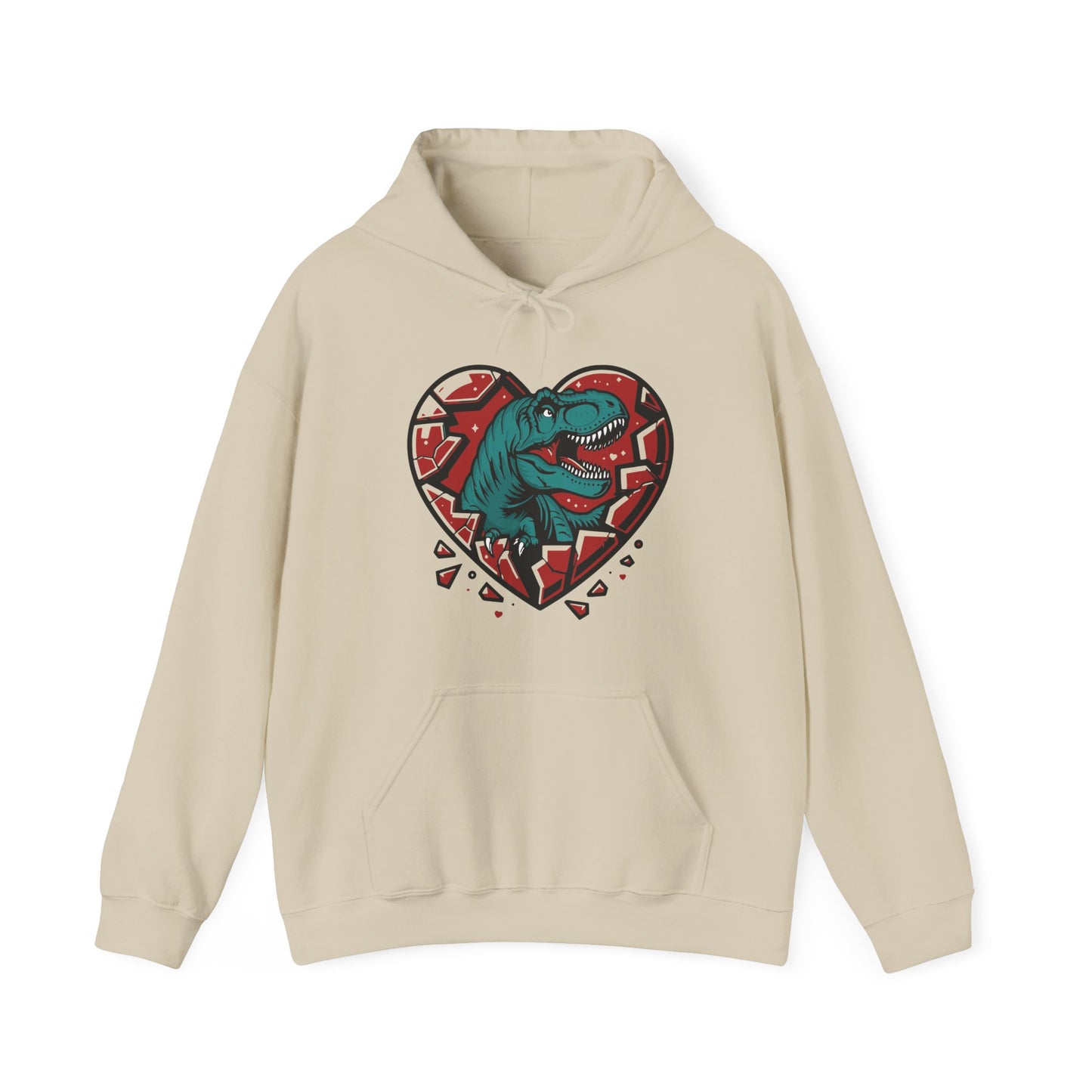Front view of a beige hoodie with a shattered heart design featuring a T-Rex emerging from the center in vibrant teal and red tones. Exclusive release for Valentine's Day. Part of the Vivid Divergence Sensory Friendly Sweaters Range.
Image Name: