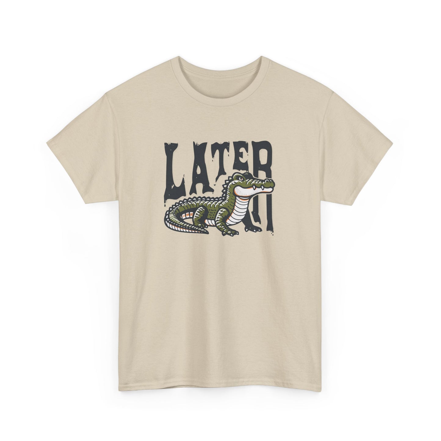 Front view of a beige T-shirt featuring a "Later Alligator" design with a detailed alligator illustration. Part of the Vivid Divergence Sensory Friendly Unisex Tees Range.