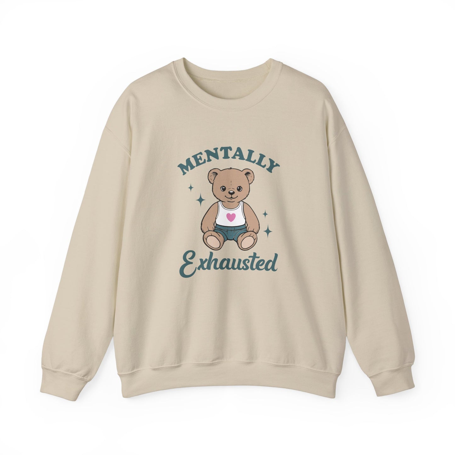 Front view of a beige sweatshirt featuring a cute teddy bear wearing an apron with the text "Mentally Exhausted." Part of the Vivid Divergence Sensory Friendly Unisex Sweater Jumper Range.