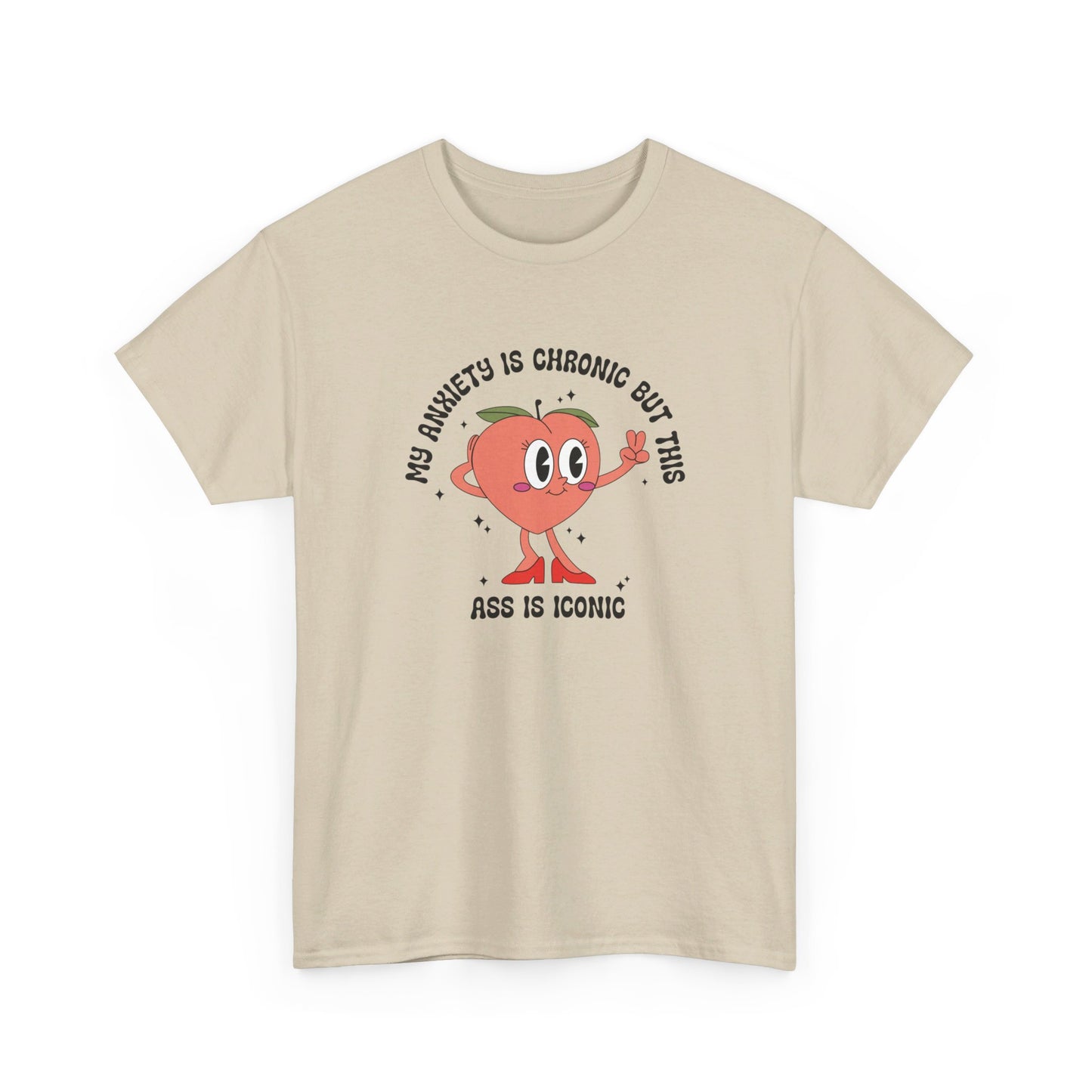 Beige T-shirt showcasing the text "My Anxiety Is Chronic But This Ass Is Iconic" with a bold graphic, displayed on a white background. Part of the Vivid Divergence Sensory Friendly Unisex Tees Range.