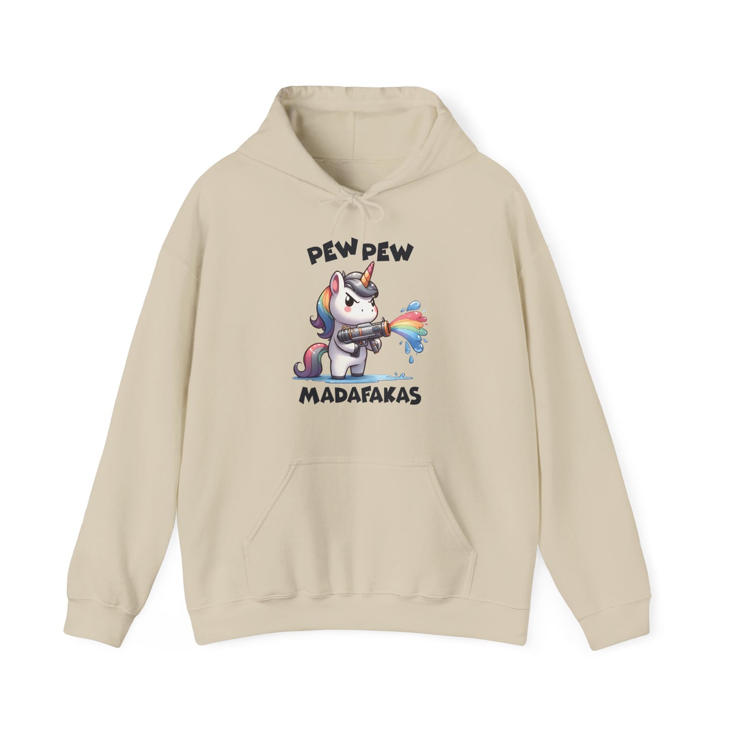 Front view of a beige hoodie featuring the text "Pew Pew Madafakas" and a cartoon illustration of a unicorn holding a rainbow water gun. Part of the Vivid Divergence Sensory Friendly Unisex Hoodie Range.