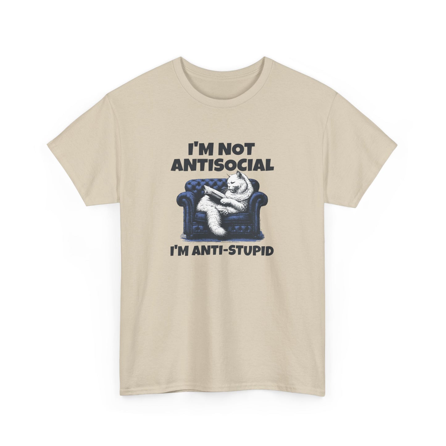 Front view of a beige T-shirt featuring a graphic of a cat on a couch with the text "I'm Not Anti-Social, I'm Anti-Stupid." Part of the Vivid Divergence Sensory Friendly Unisex Tees Range.