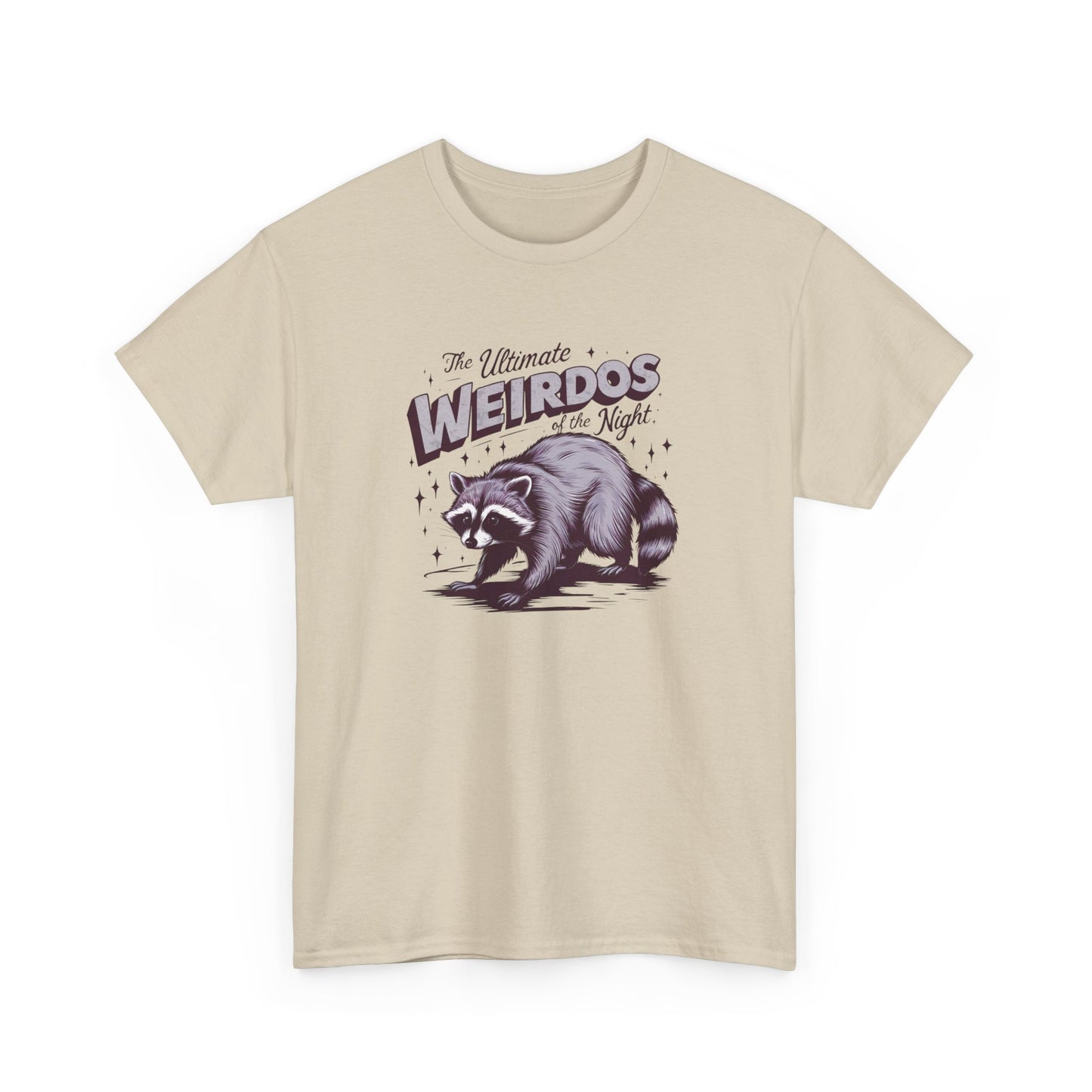 Front view of a beige T-shirt with "Weirdos of the Night" and an illustrated raccoon graphic in bold purple and black text. Part of the Vivid Divergence Sensory Friendly Unisex Tees Range.