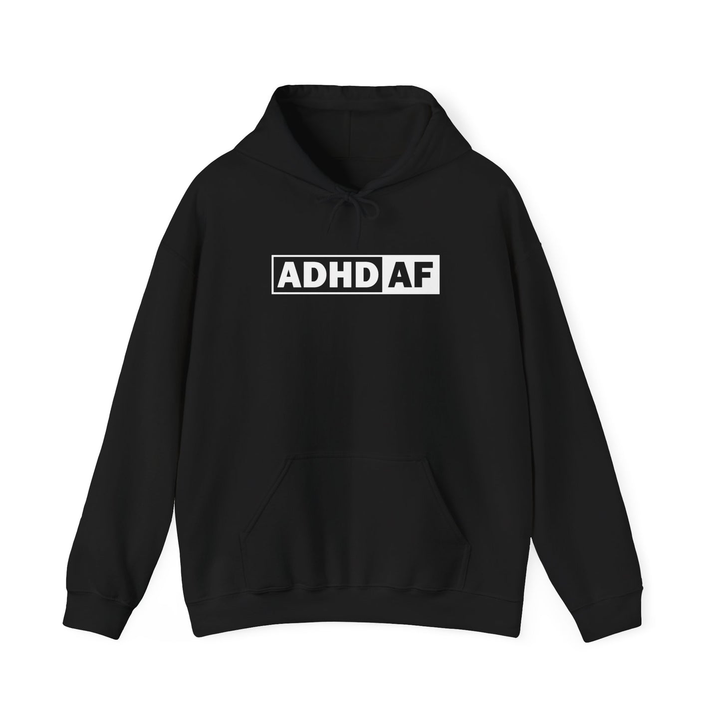 Front view of a black hoodie with the text "ADHD AF" in bold white lettering inside a rectangular border. Part of the Vivid Divergence Sensory Friendly Unisex Hoodie Range.