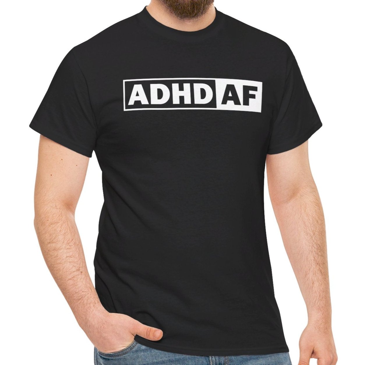 Model wearing a black T-shirt with bold "ADHD AF" text. Part of the Vivid Divergence Sensory Friendly Unisex Tees Range.
