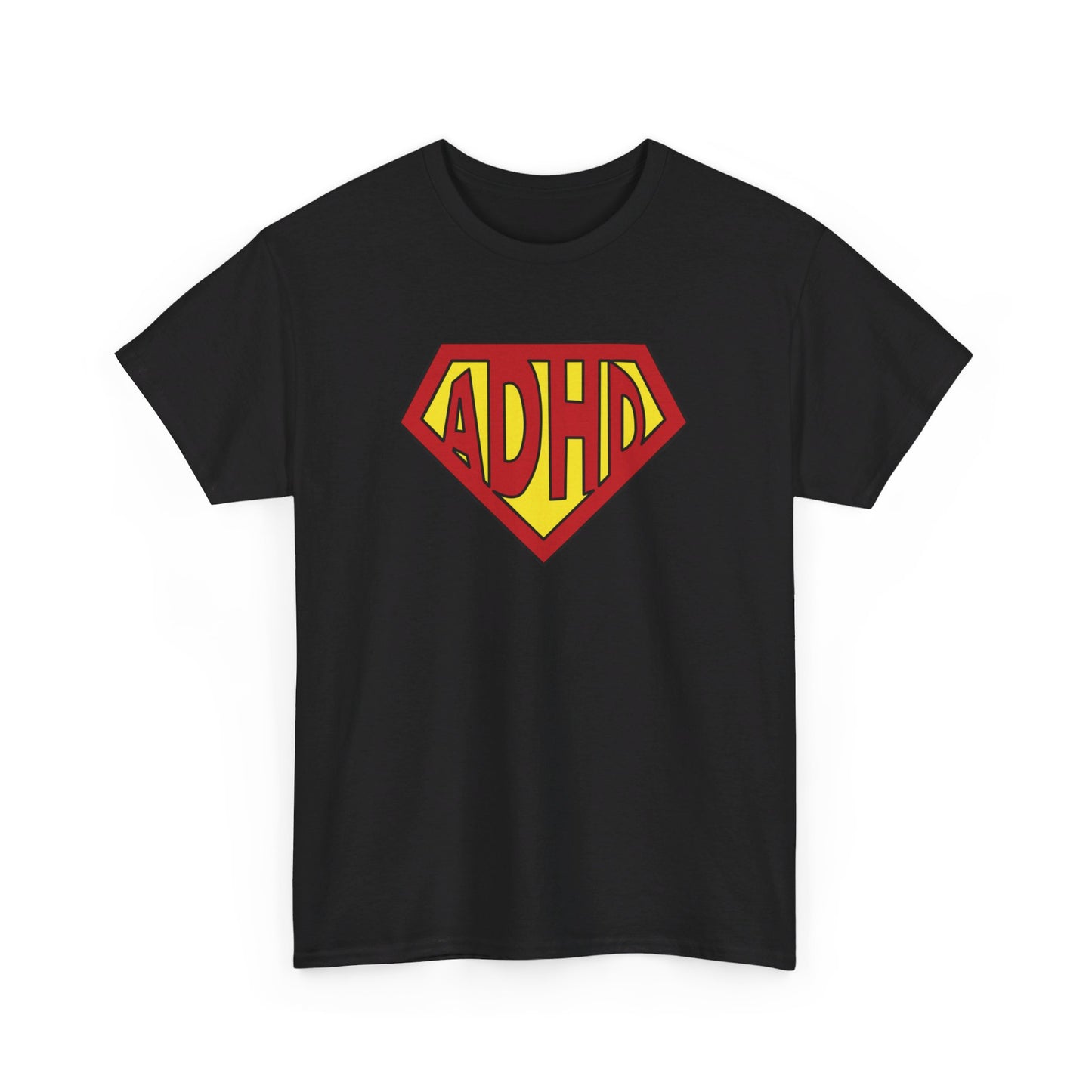 Front view of a black T-shirt with a yellow and red ADHD logo styled in the Superman symbol. Part of the Vivid Divergence Sensory Friendly Unisex Tees Range.