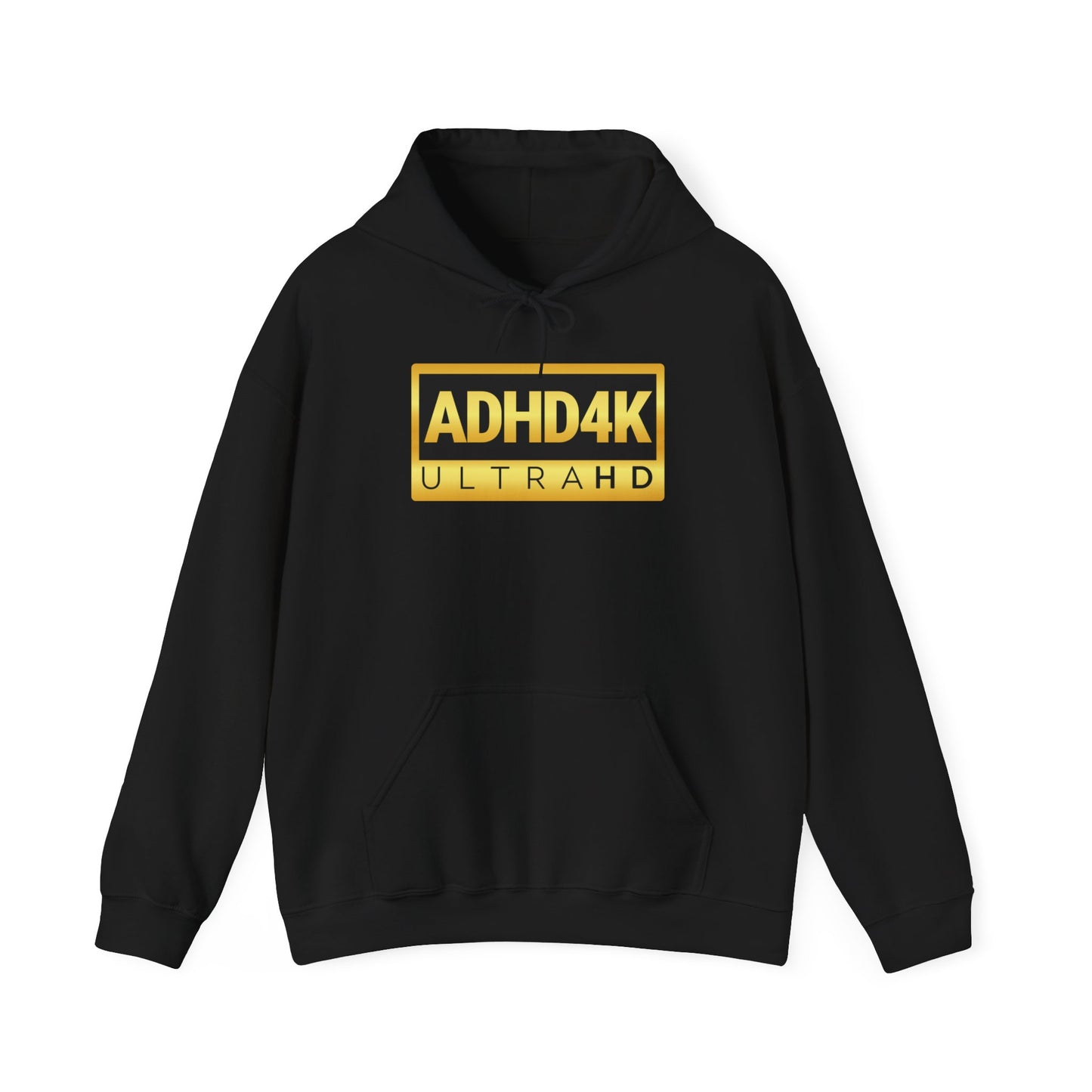 Front view of a black hoodie with the text "ADHD4K UltraHD" in bold yellow and black lettering inside a rectangular design. Part of the Vivid Divergence Sensory Friendly Unisex Hoodie Range.