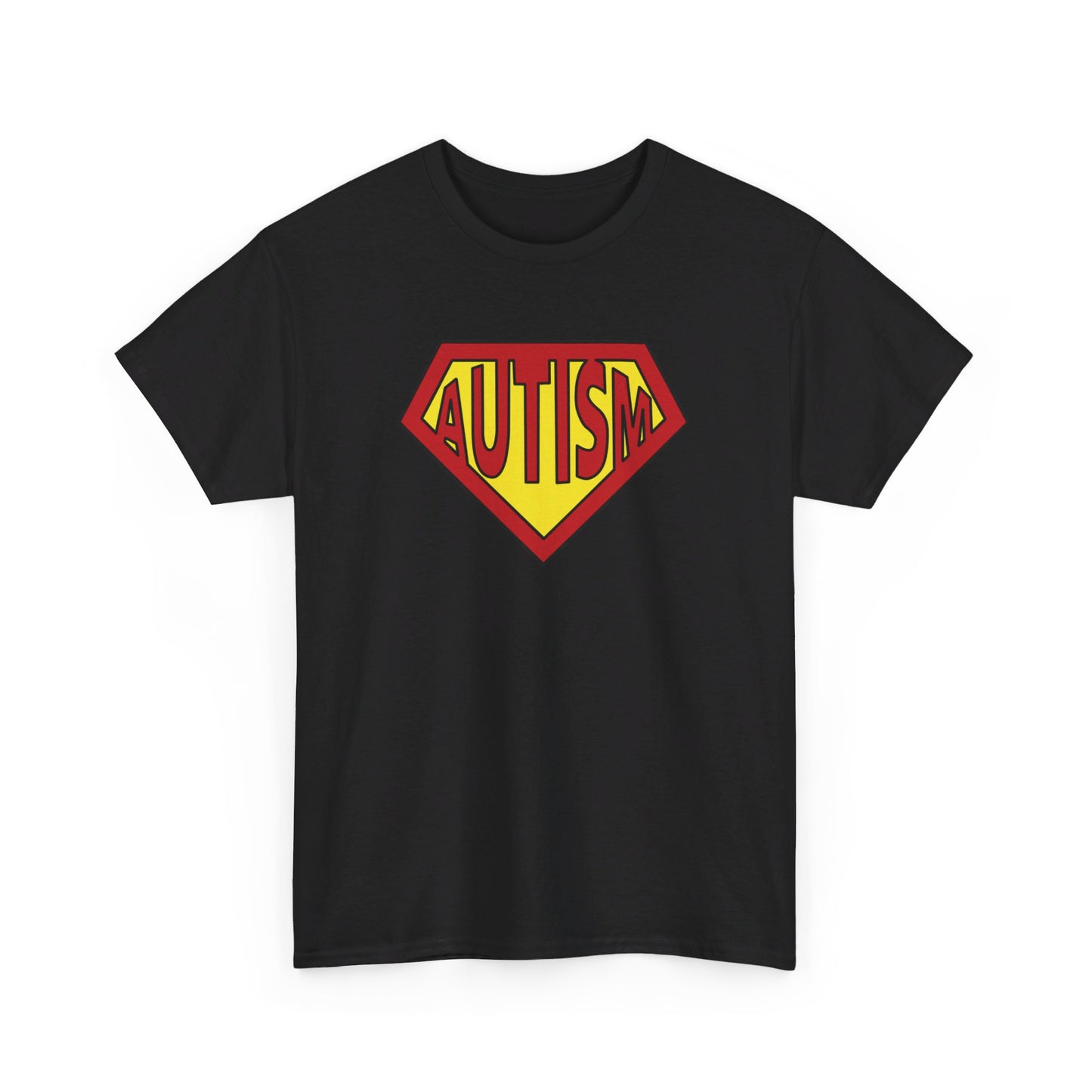 Front view of a black Autism Superpower T-shirt with a Superman-inspired logo. Part of the Vivid Divergence Sensory Friendly Unisex Tees Range.