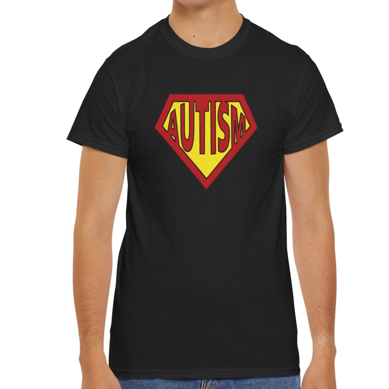 A person wearing a black Autism Superpower T-shirt with rolled-up sleeves, highlighting the unisex design. Part of the Vivid Divergence Sensory Friendly Unisex Tees Range.