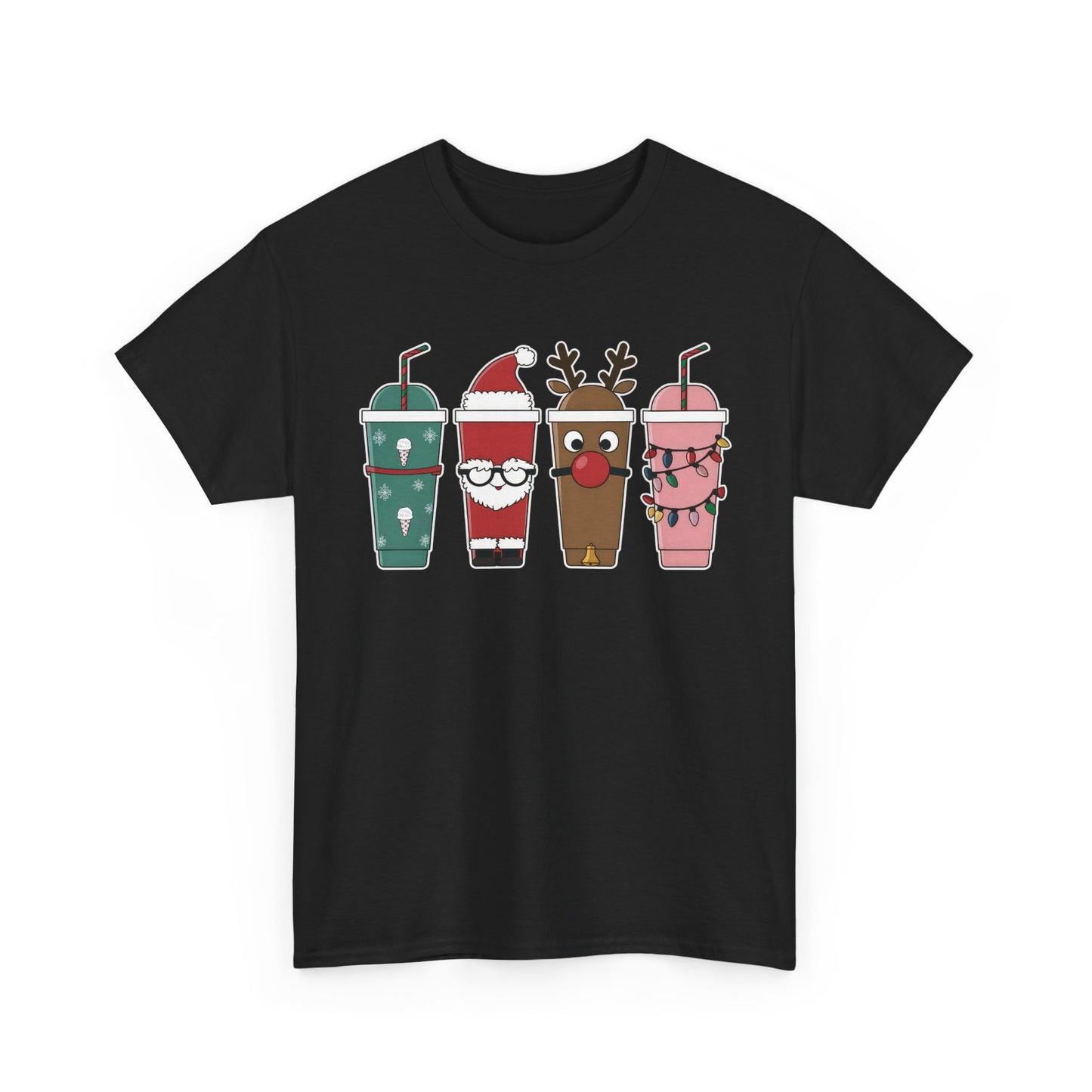 Front view of a black T-shirt featuring a festive illustration of four iced coffee cups decorated with Christmas designs, including reindeer, Santa, and holiday patterns. Part of the Vivid Divergence Sensory Friendly Unisex Tees Range.