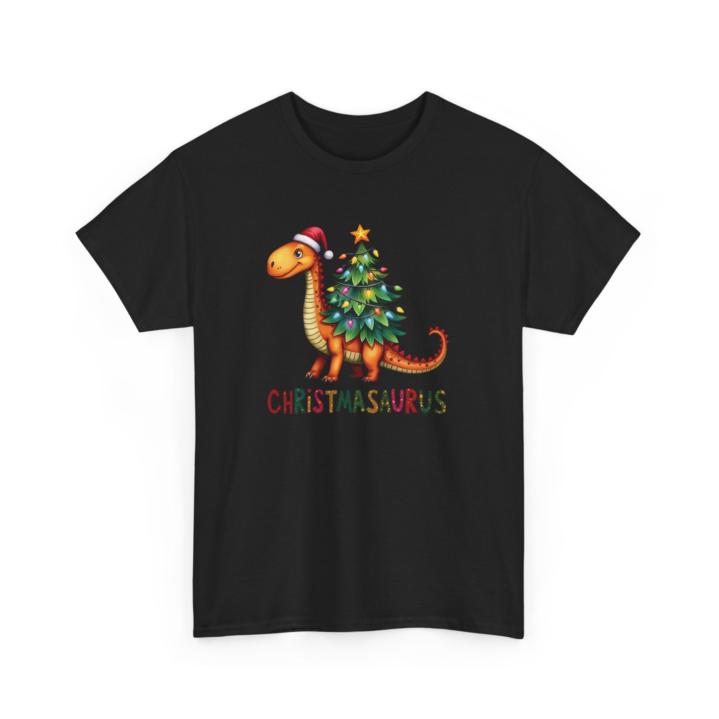 Front view of a black T-shirt featuring a festive illustration of a dinosaur decorated as a Christmas tree with ornaments and lights, and the text "Christmasaurus." Part of the Vivid Divergence Sensory Friendly Unisex Tees Range.