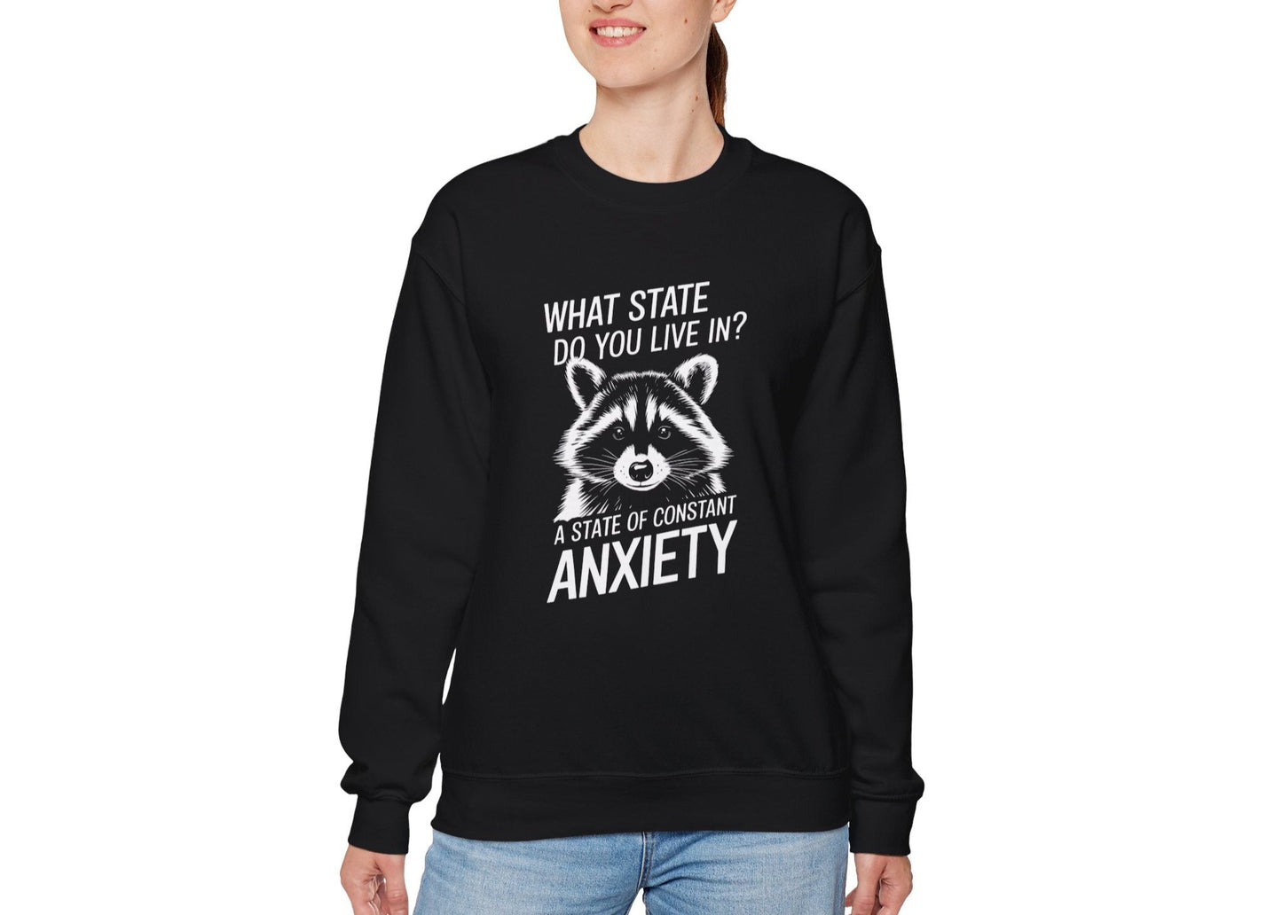 Model wearing a black sweater jumper with the text "What state do you live in? A constant state of anxiety" and a cartoon raccoon illustration. Part of the Vivid Divergence Sensory Friendly Unisex Sweater Jumper Range.