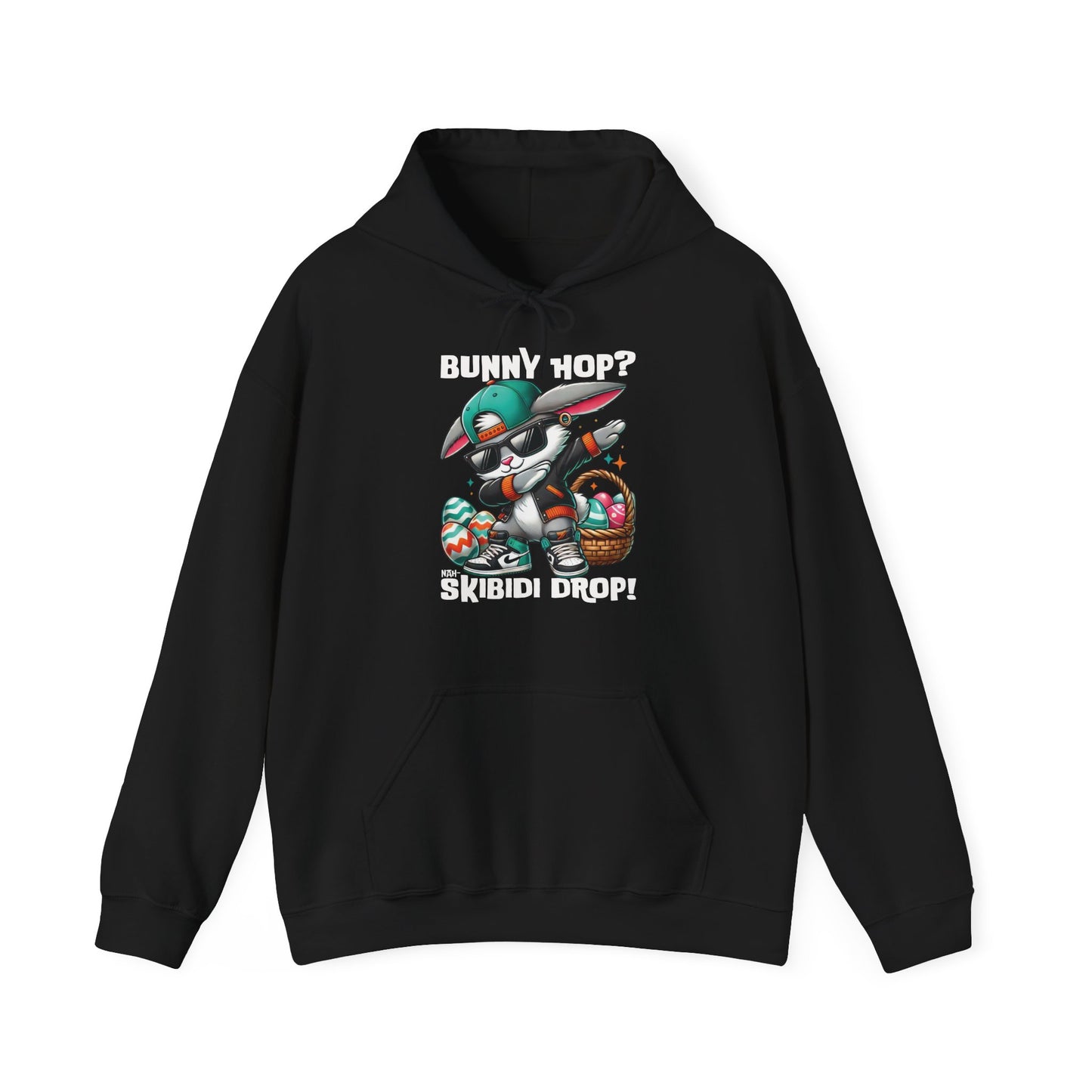 Front view of black hoodie with colorful Dabbing Bunny Hop Skibidi Drop design. Part of the Vivid Divergence Sensory Friendly Unisex Hoodies Range.