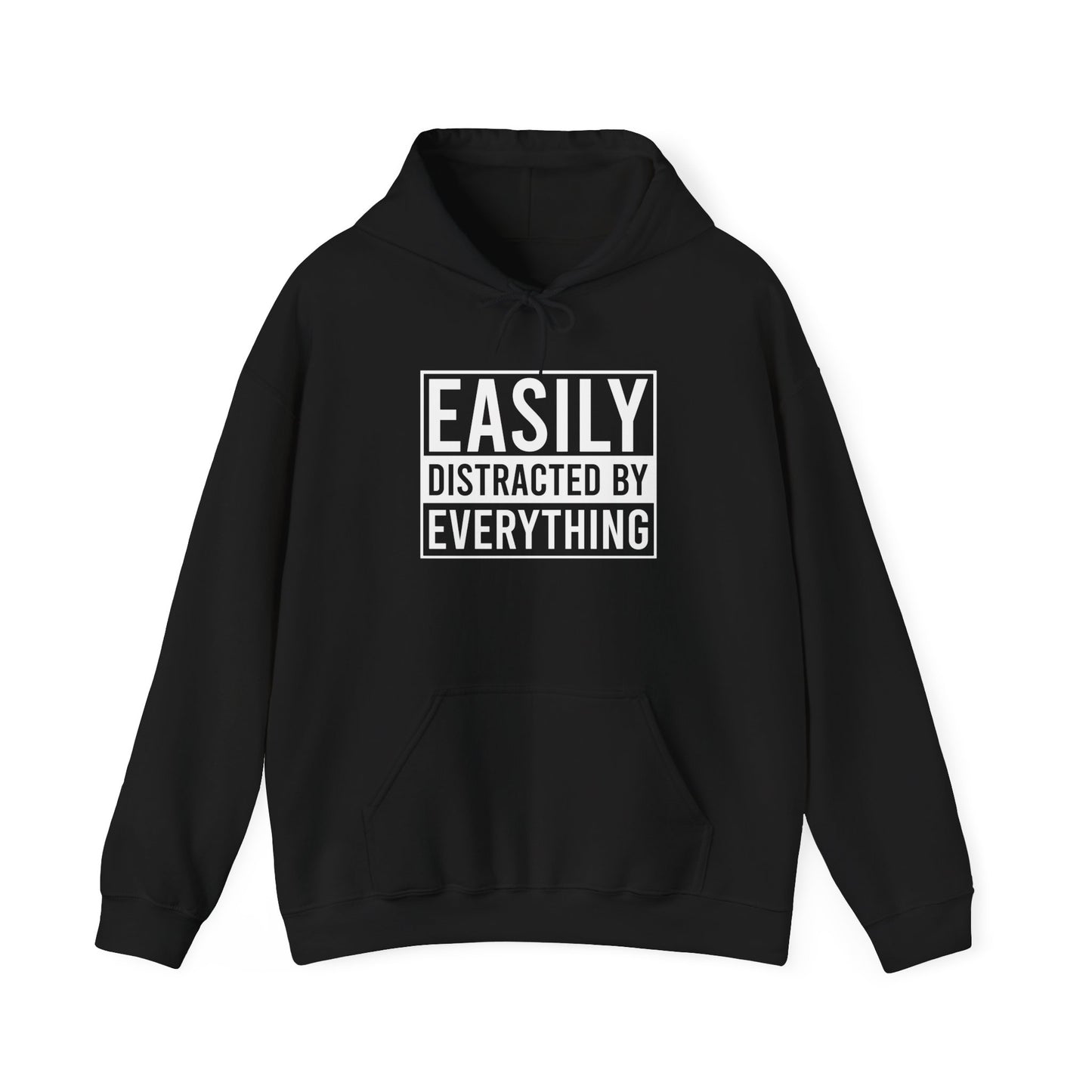 Front view of a black hoodie with the text "Easily Distracted by Everything" in bold white lettering. Part of the Vivid Divergence Sensory Friendly Unisex Hoodie Range.