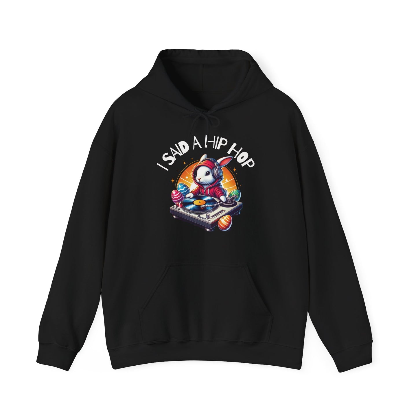 Front view of black hoodie featuring colorful Easter hip hop design. Part of the Vivid Divergence Sensory Friendly Unisex Hoodies Range.