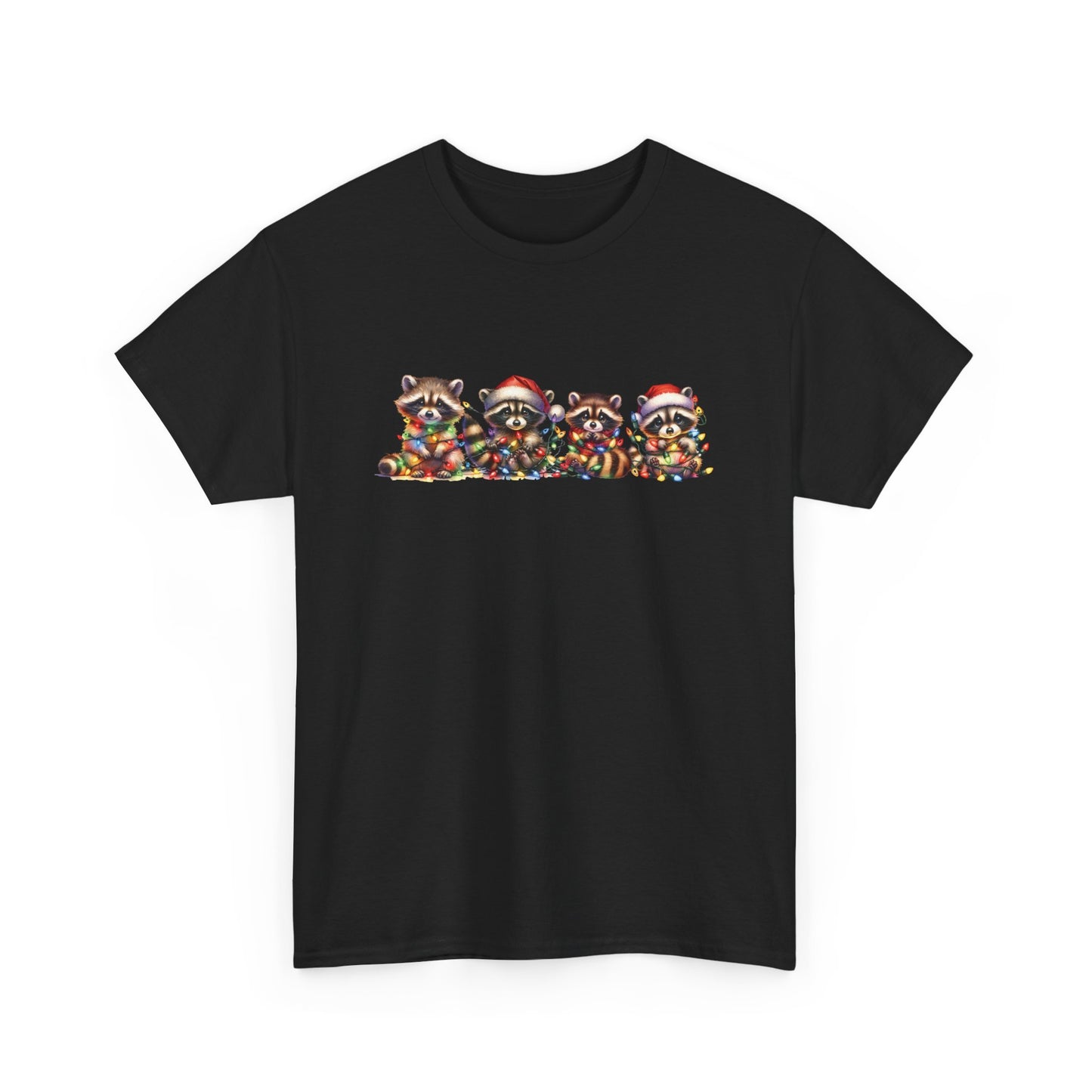 Front view of a black T-shirt featuring a festive illustration of raccoons in Christmas attire causing holiday chaos. Part of the Vivid Divergence Sensory Friendly Unisex Tees Range.