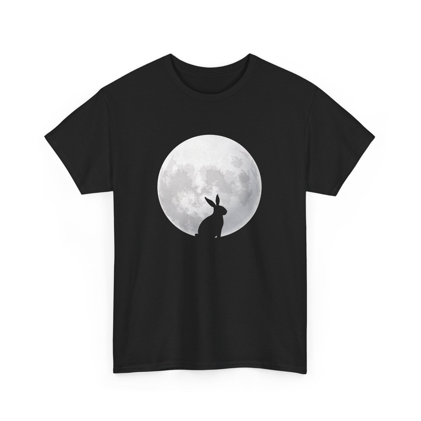 Black Easter T-shirt featuring a striking full moon with a silhouetted rabbit, a unique and minimalist Easter look. Hop into the season in style and shop Easter shirts online today!