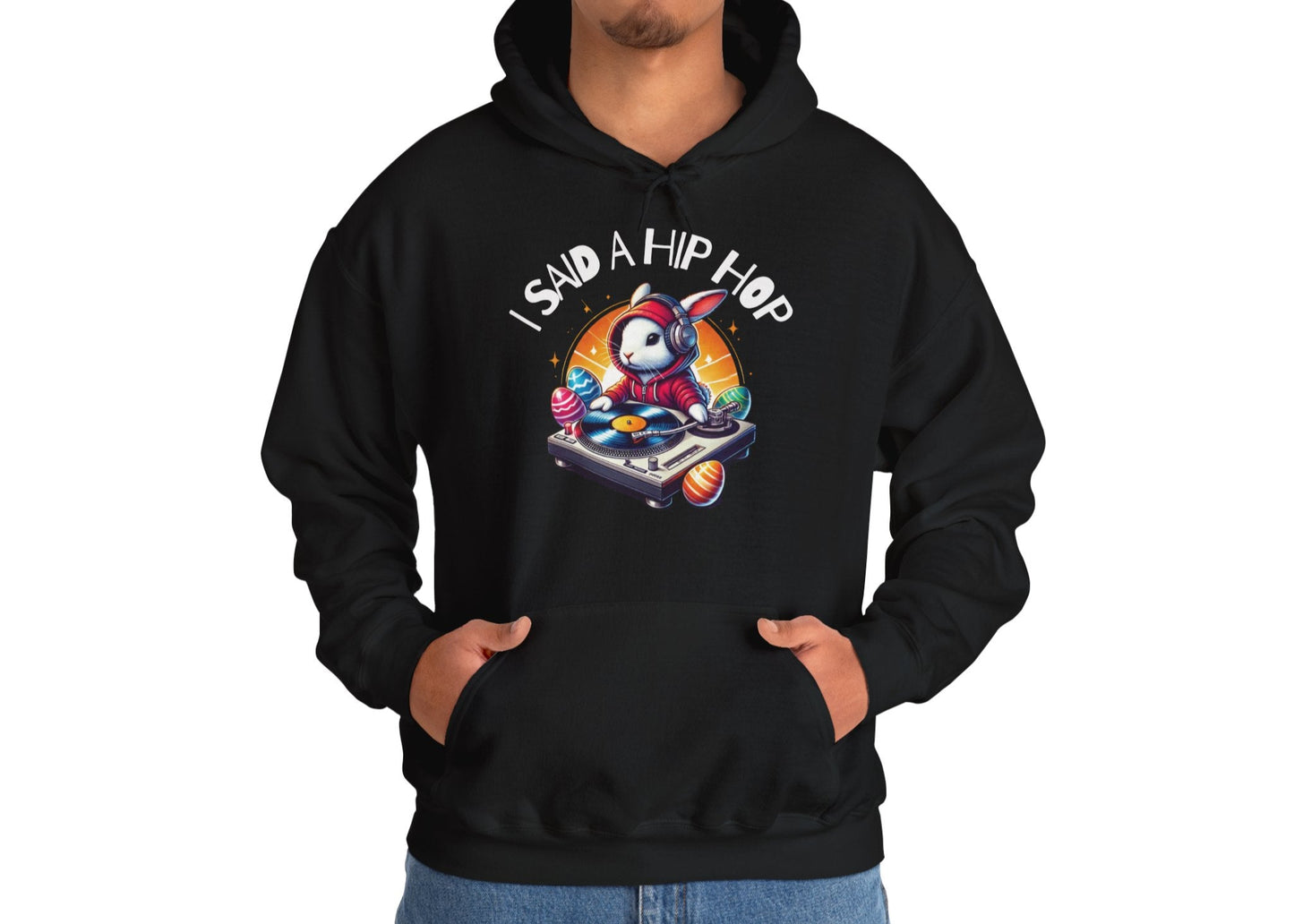 Man modeling black hoodie with “I Said A Hip Hop” Easter design. Part of the Vivid Divergence Sensory Friendly Unisex Hoodies Range.
