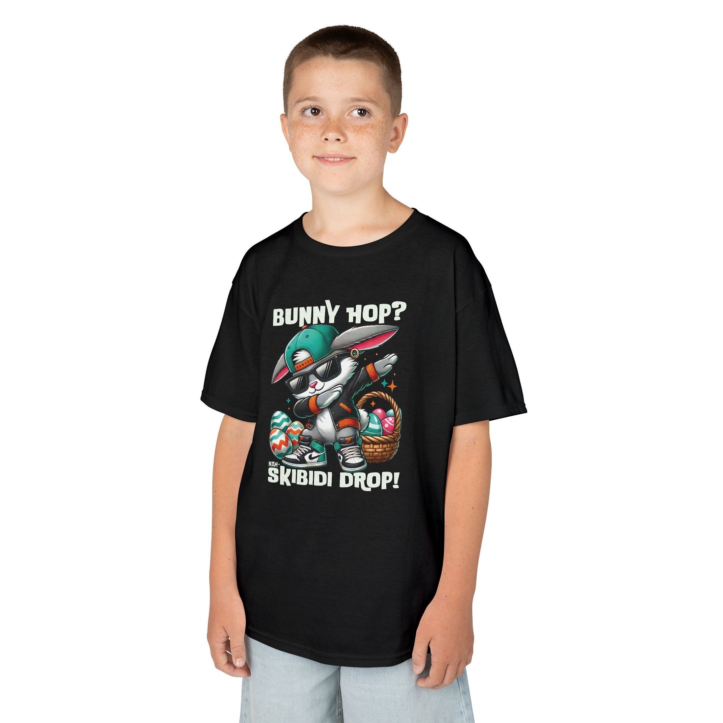 Black Easter T-shirt worn by a boy, featuring skibidi bunny and fun text. A fun, bold shirt radiating skibidi sigma rizz energy for Easter. Hop into the season in style and shop Easter shirts online today!