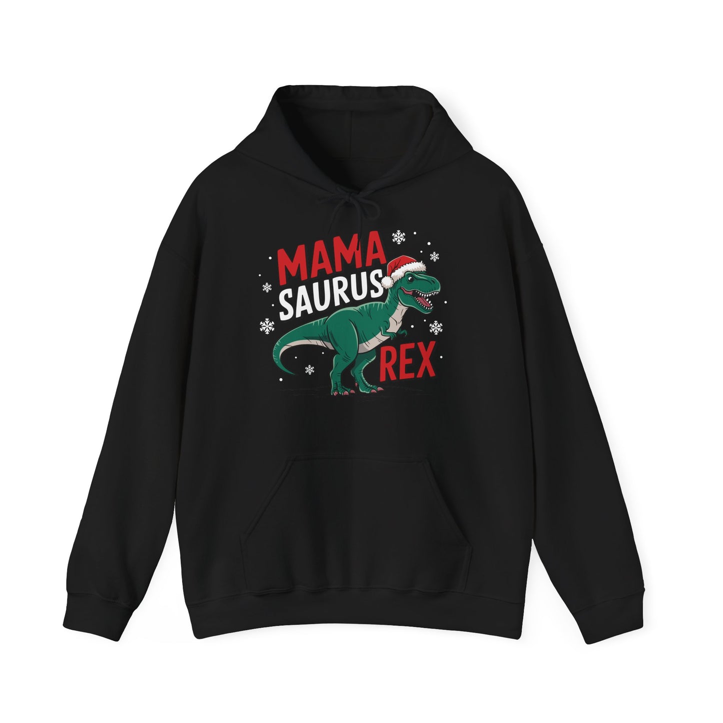 Front view of a black hoodie featuring a "Mama-Saurus Rex" design with a festive dinosaur illustration. Part of the Vivid Divergence Sensory Friendly Unisex Hoodie Range.