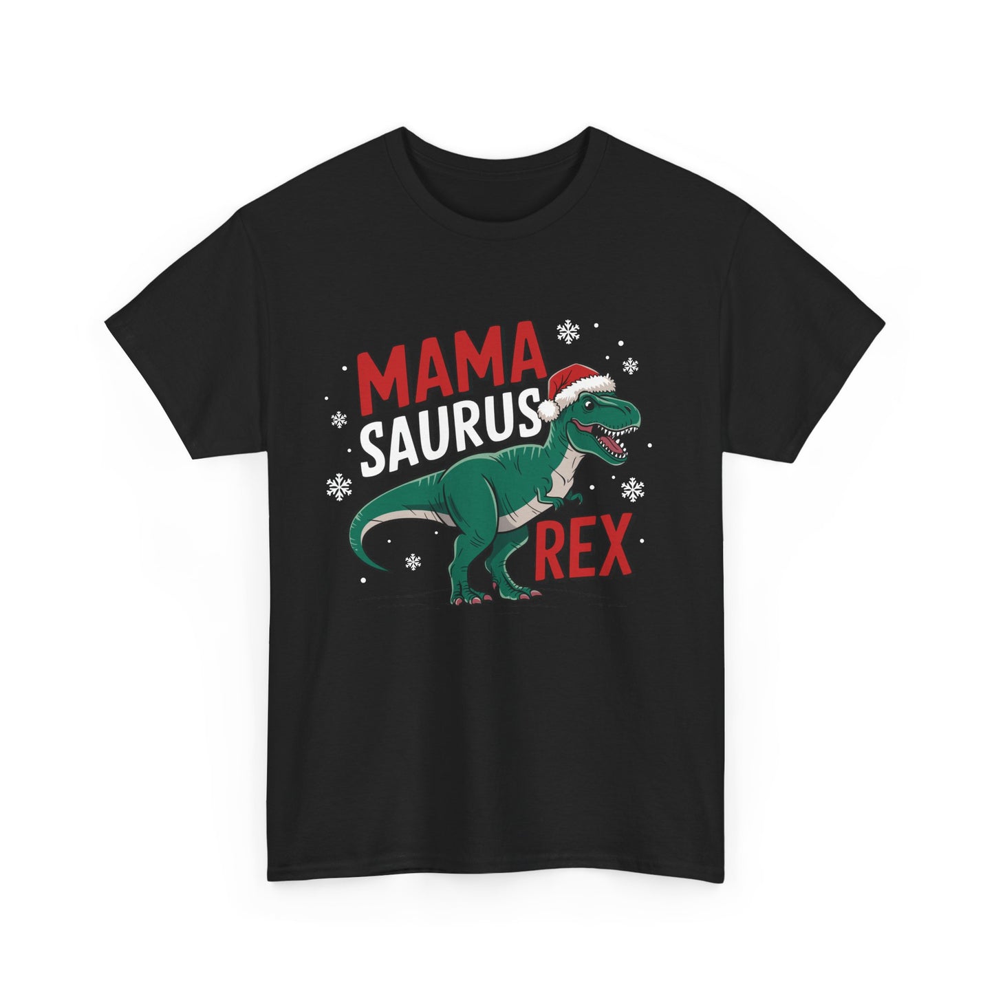 Front view of a black T-shirt featuring a "Mama-Saurus Rex" design with a festive dinosaur illustration. Part of the Vivid Divergence Sensory Friendly Unisex Tees Range.