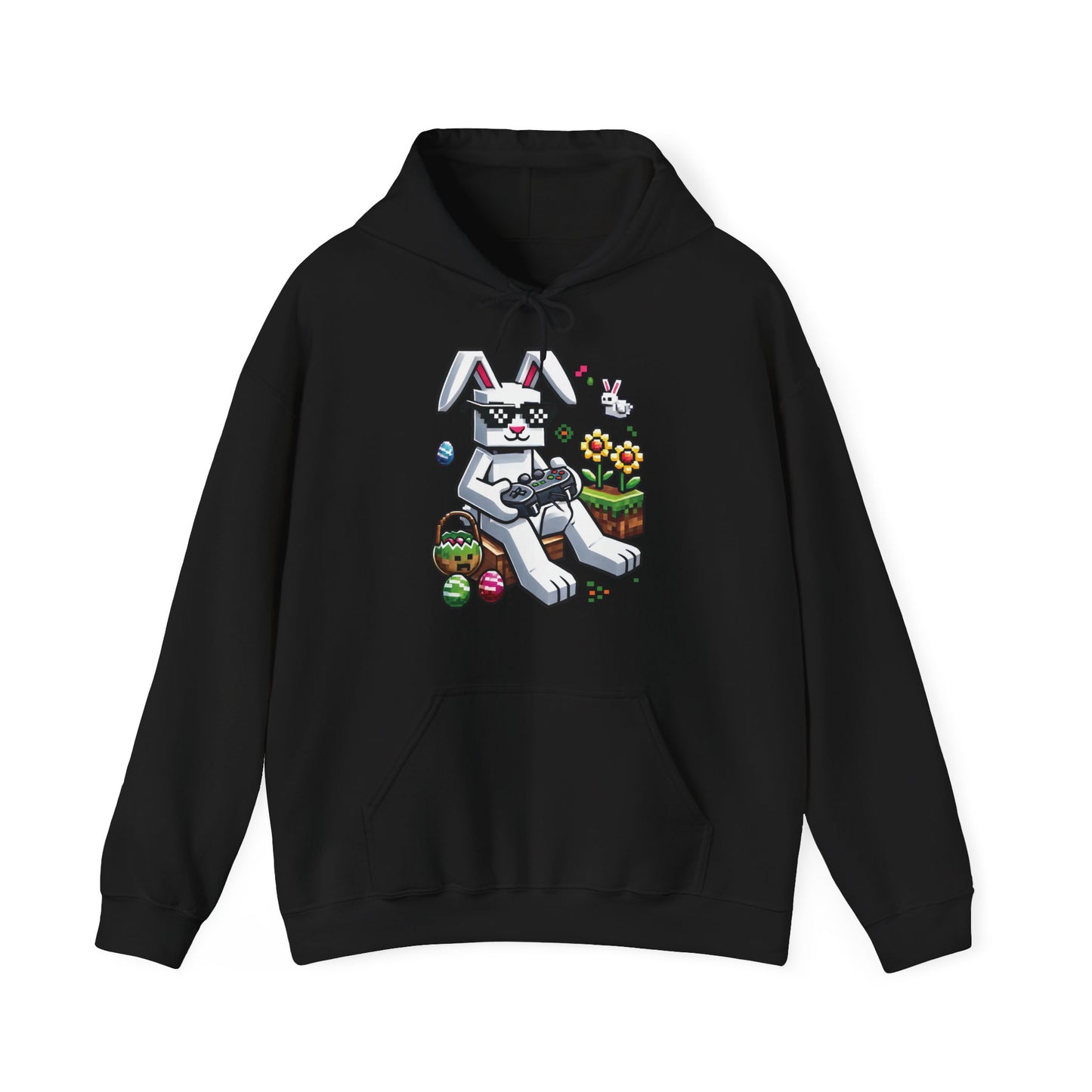 Front view of black hoodie with Minecraft bunny holding Easter eggs. Part of the Vivid Divergence Sensory Friendly Unisex Hoodies Range.