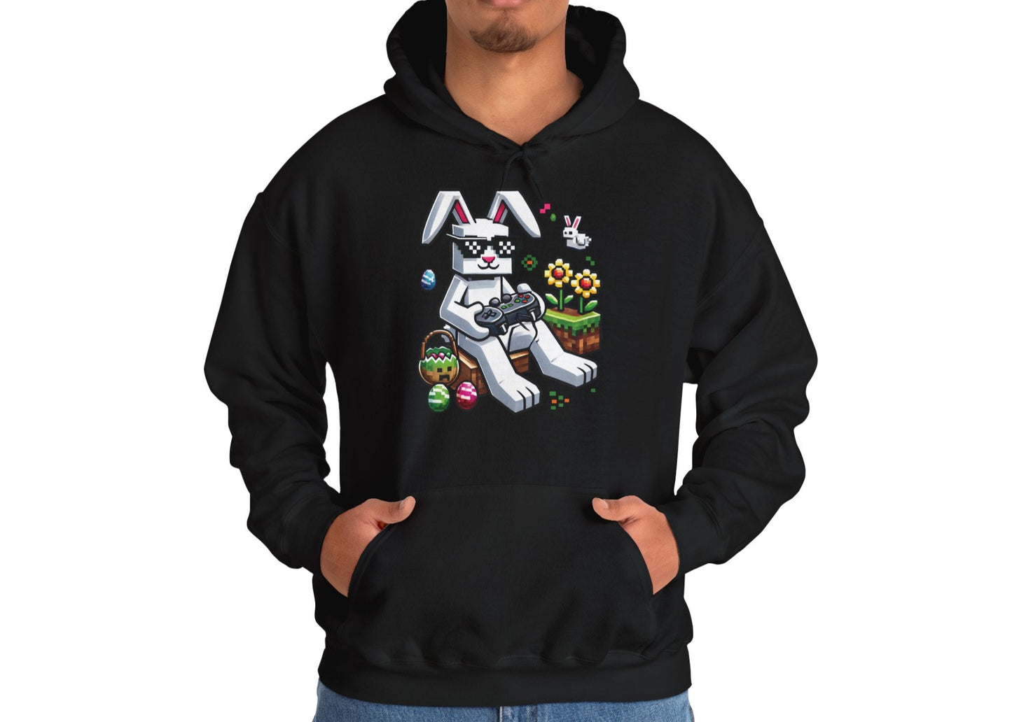 Man in black hoodie featuring Minecraft bunny with Easter egg stack. Part of the Vivid Divergence Sensory Friendly Unisex Hoodies Range.